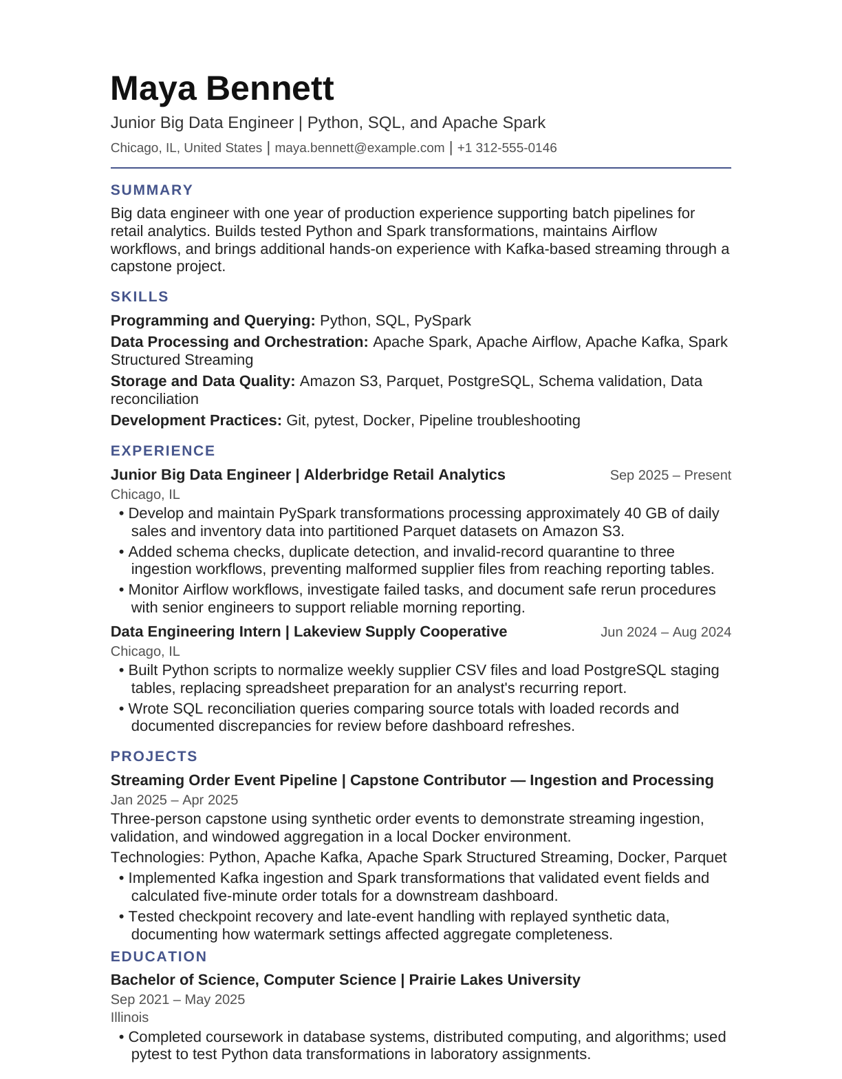 Junior Big Data Engineer resume example