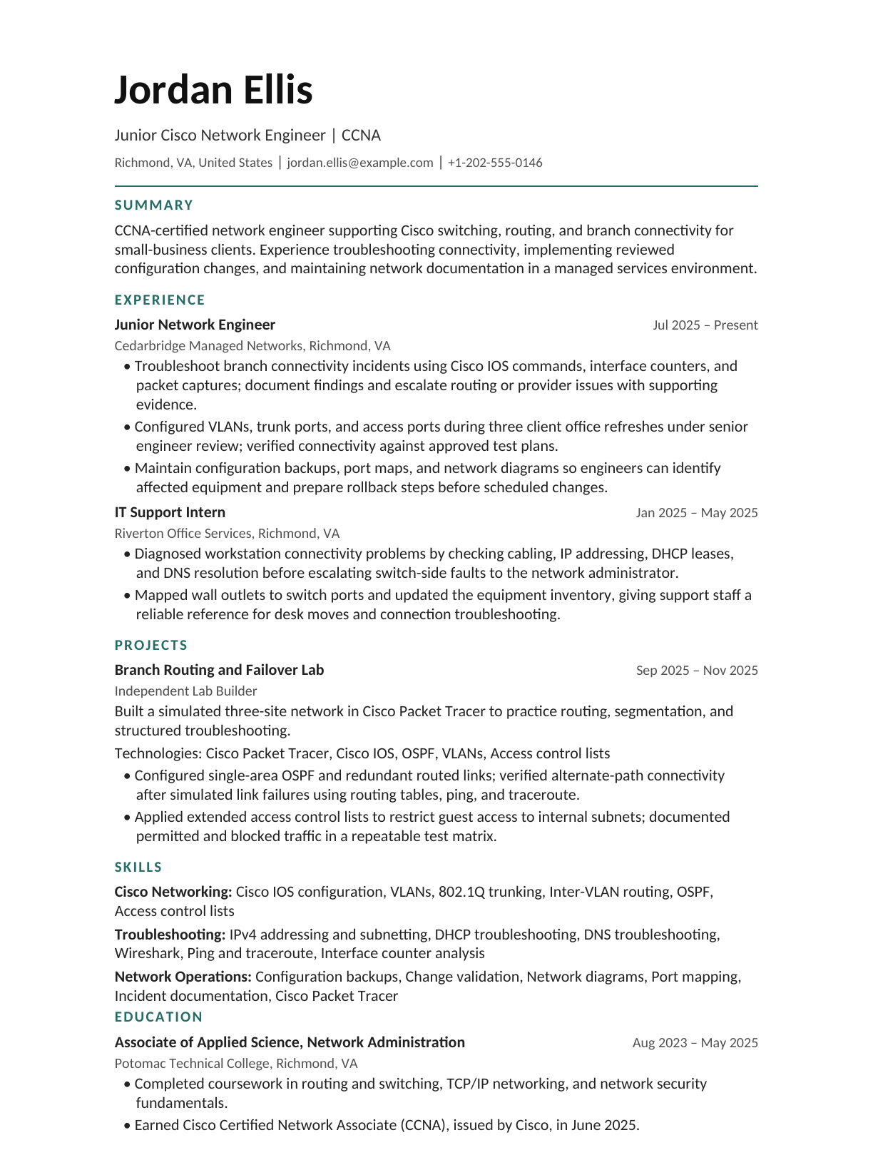 Junior Cisco Network Engineer (CCNA) resume example