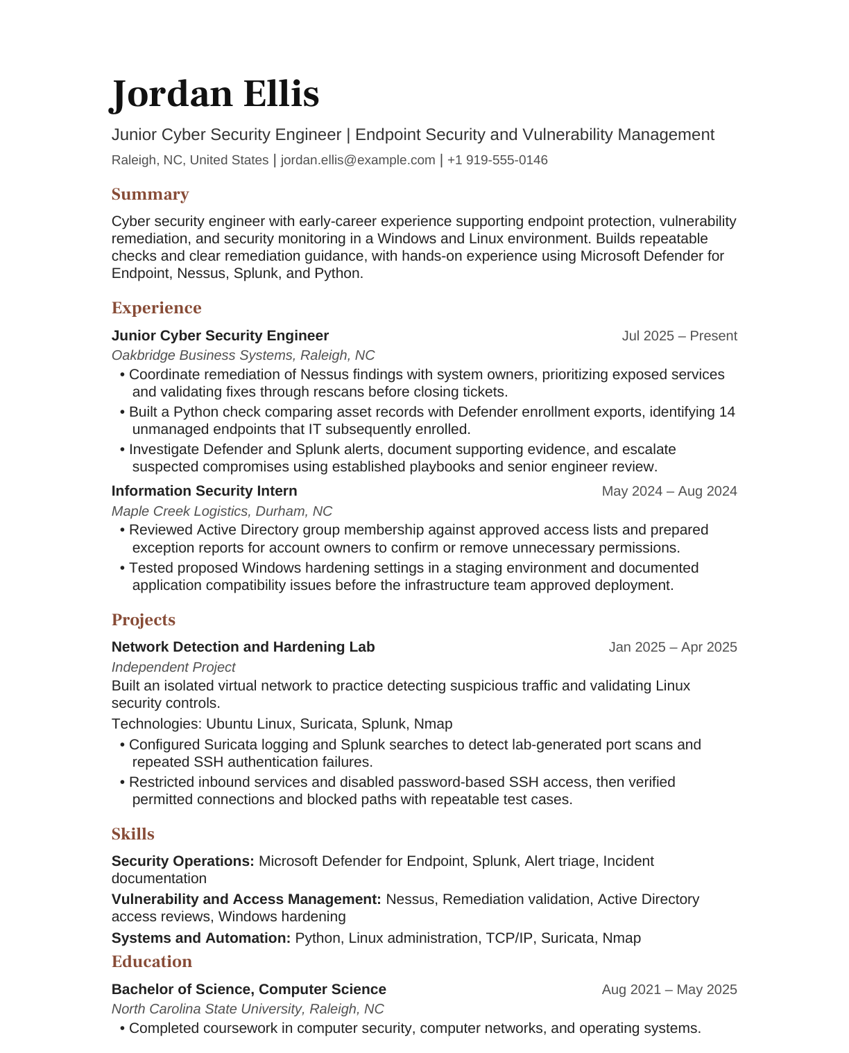 Junior Cyber Security Engineer resume example