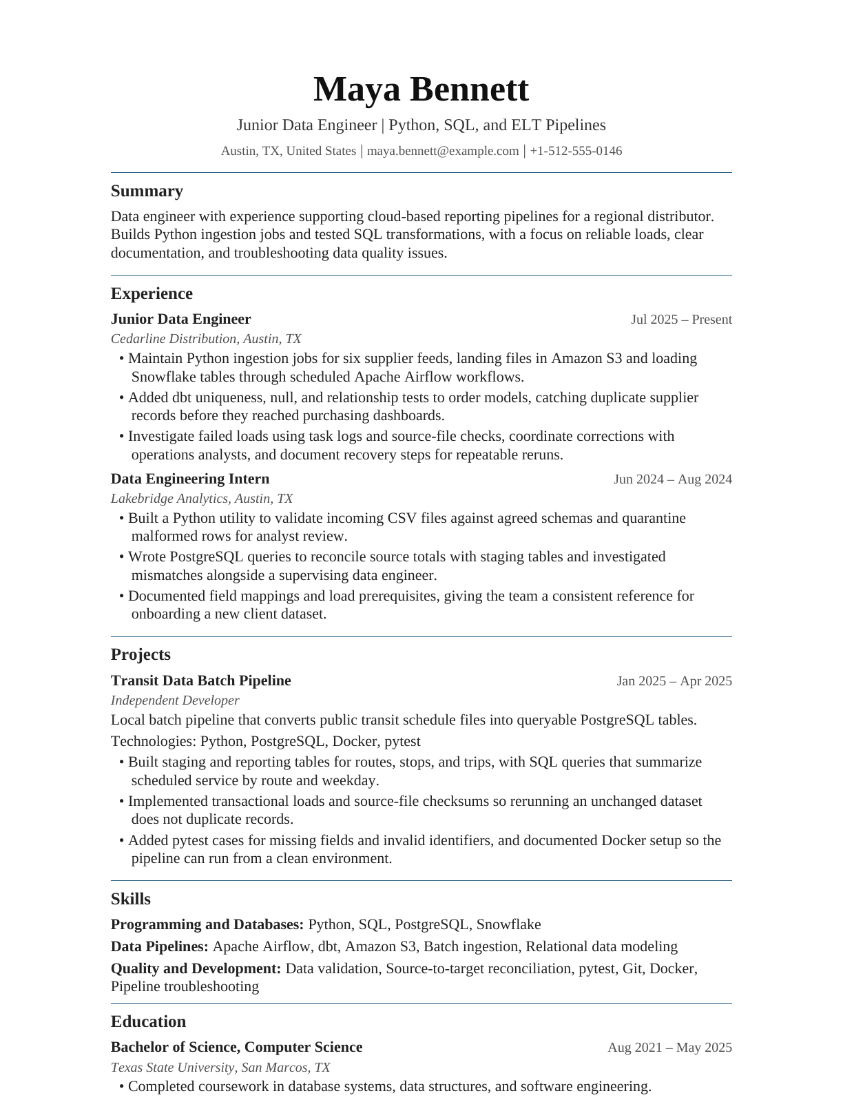 Junior Data Engineer resume example