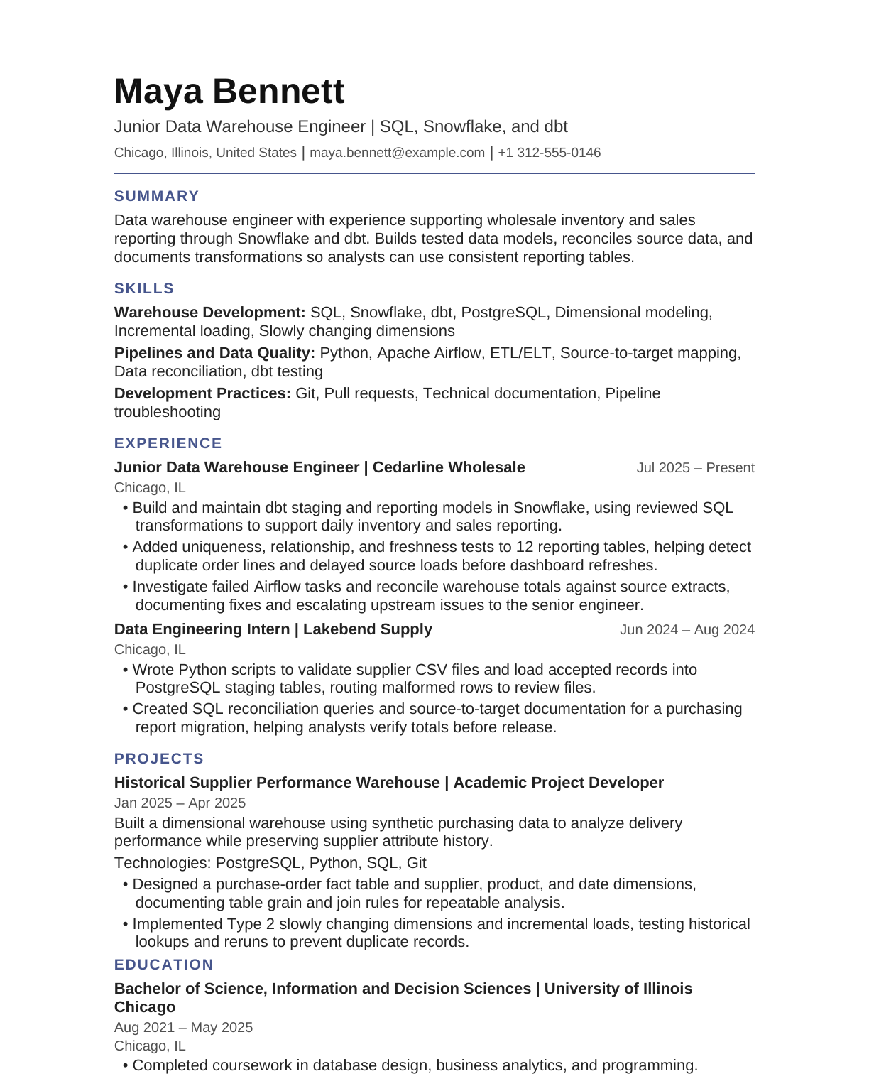 Junior Data Warehouse Engineer resume example