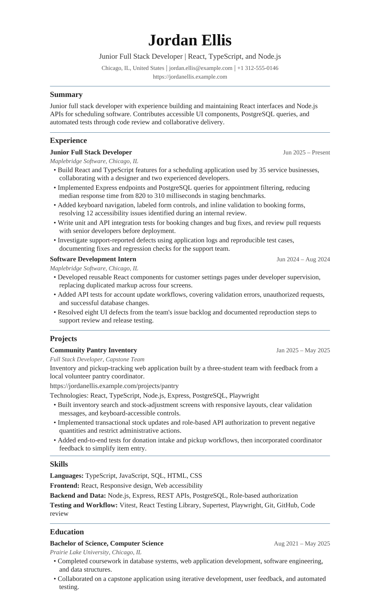 Junior Full Stack Developer resume example