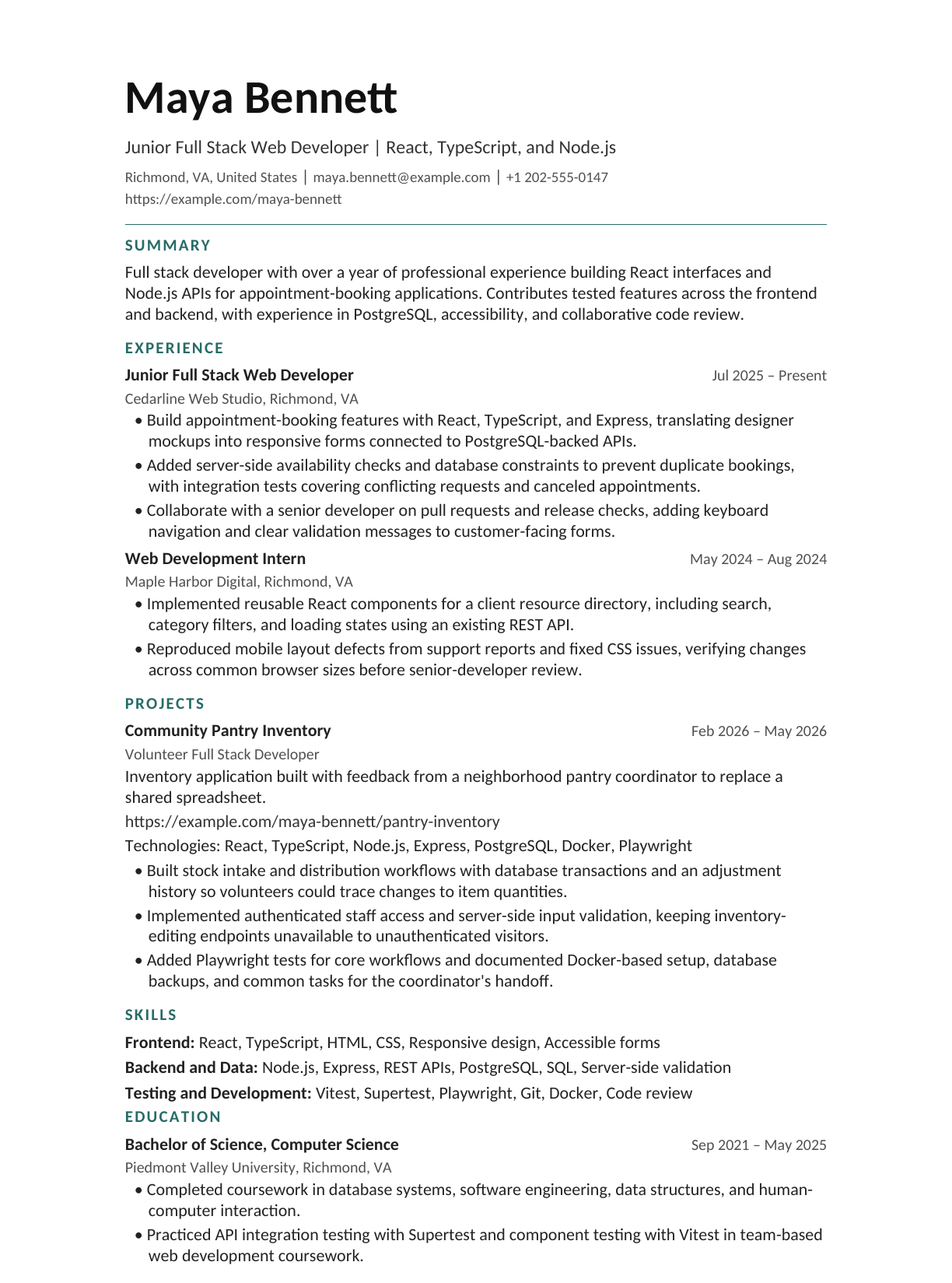 Junior Full Stack Web Developer resume example