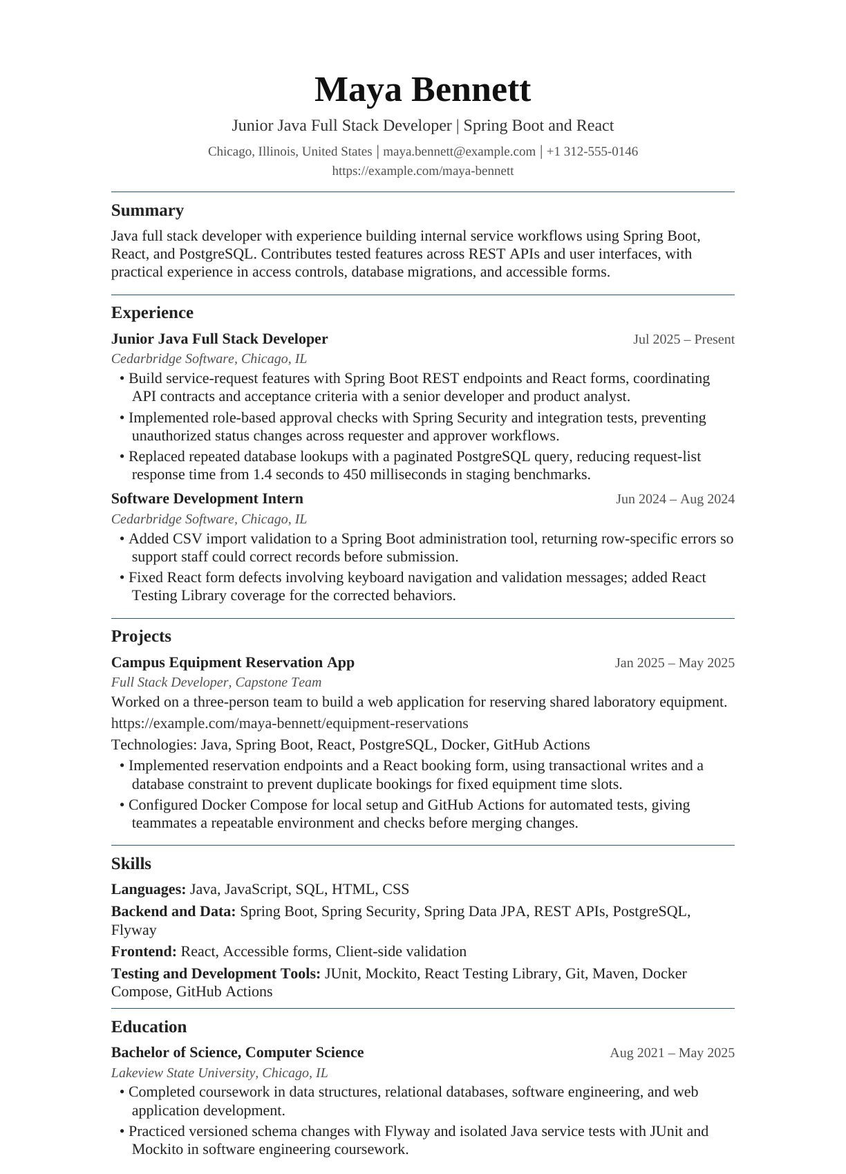 Junior Java Full Stack Developer resume example