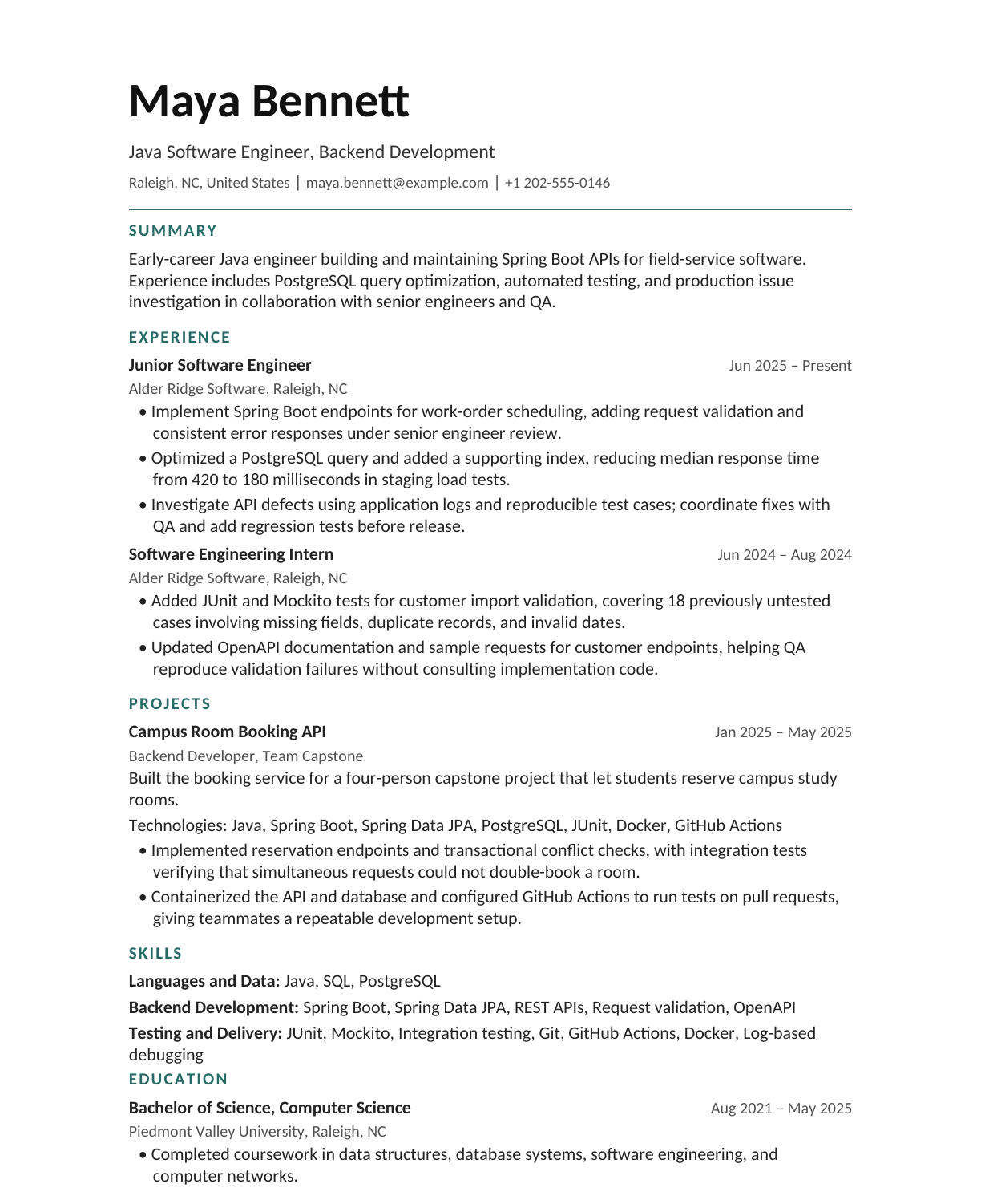 Junior Java Software Engineer resume example
