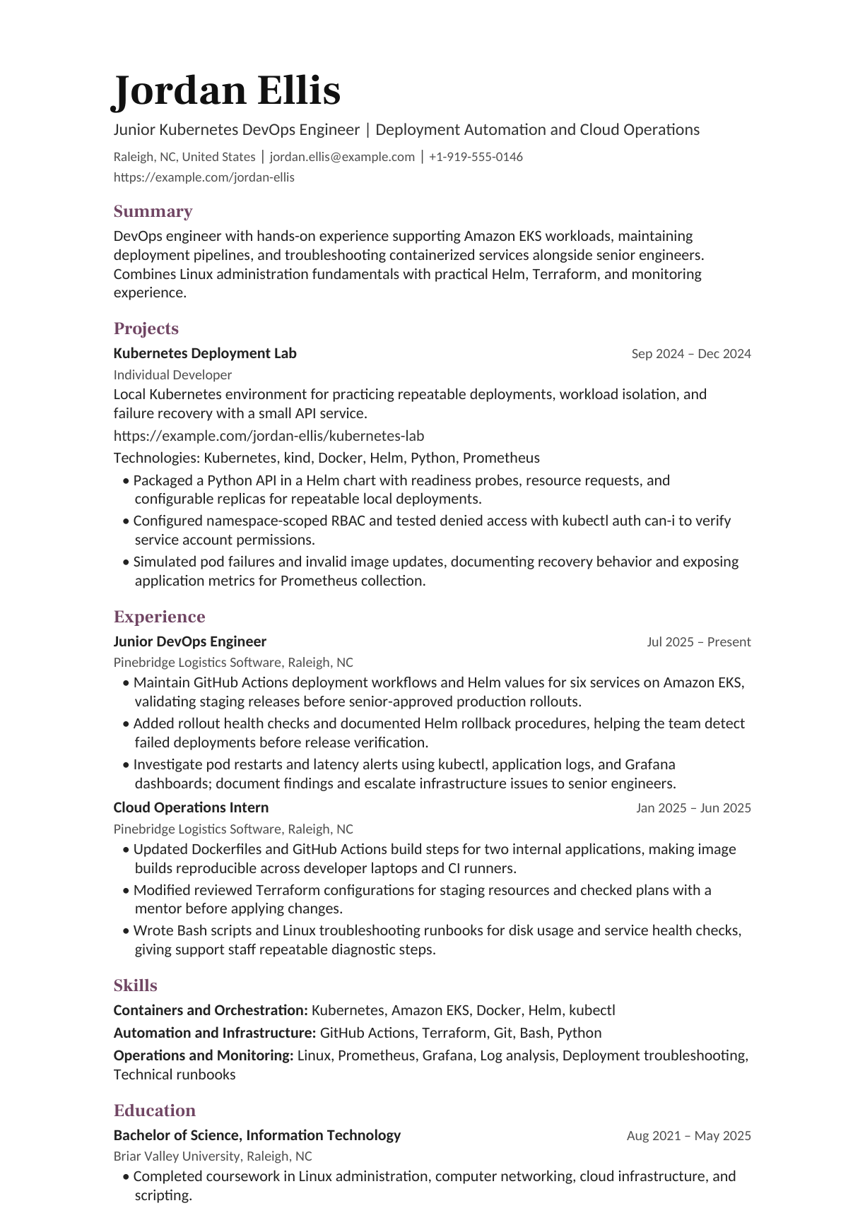 Junior Kubernetes DevOps Engineer resume example