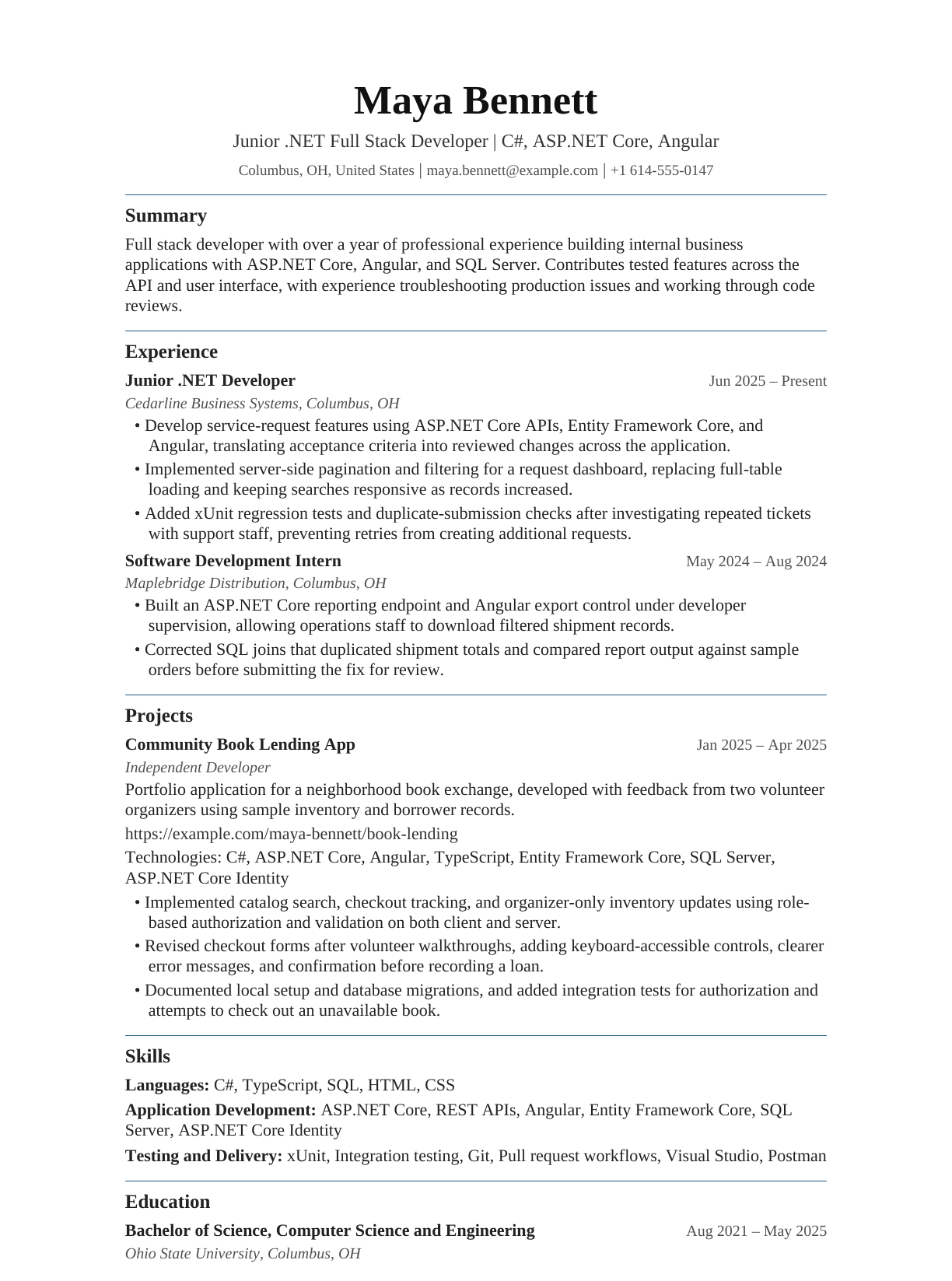 Junior .NET Full Stack Developer resume example