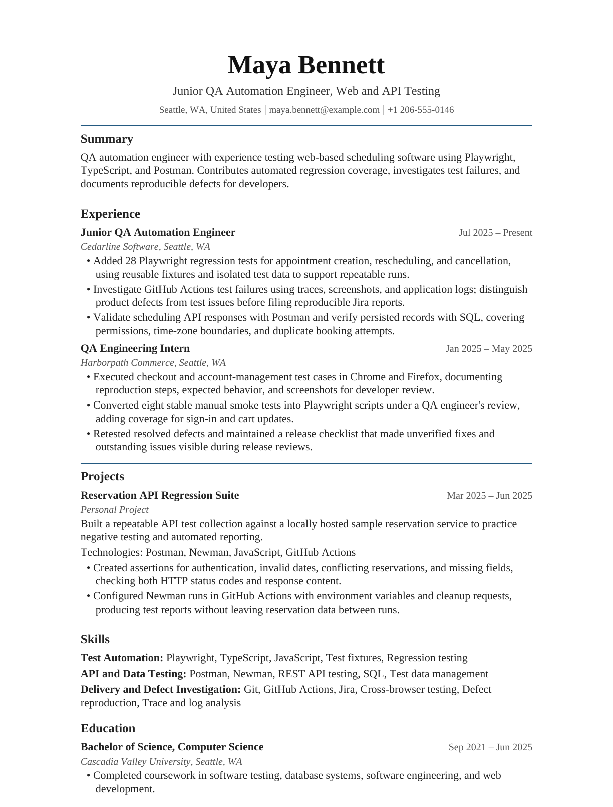 Junior QA Automation Engineer resume example