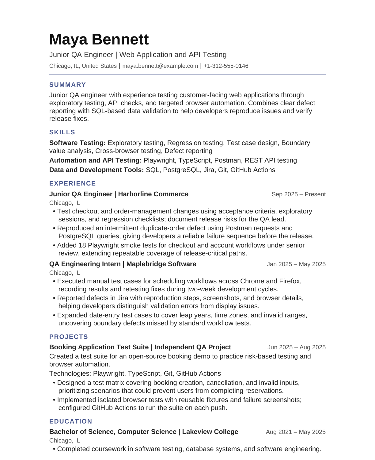 Junior QA Engineer resume example