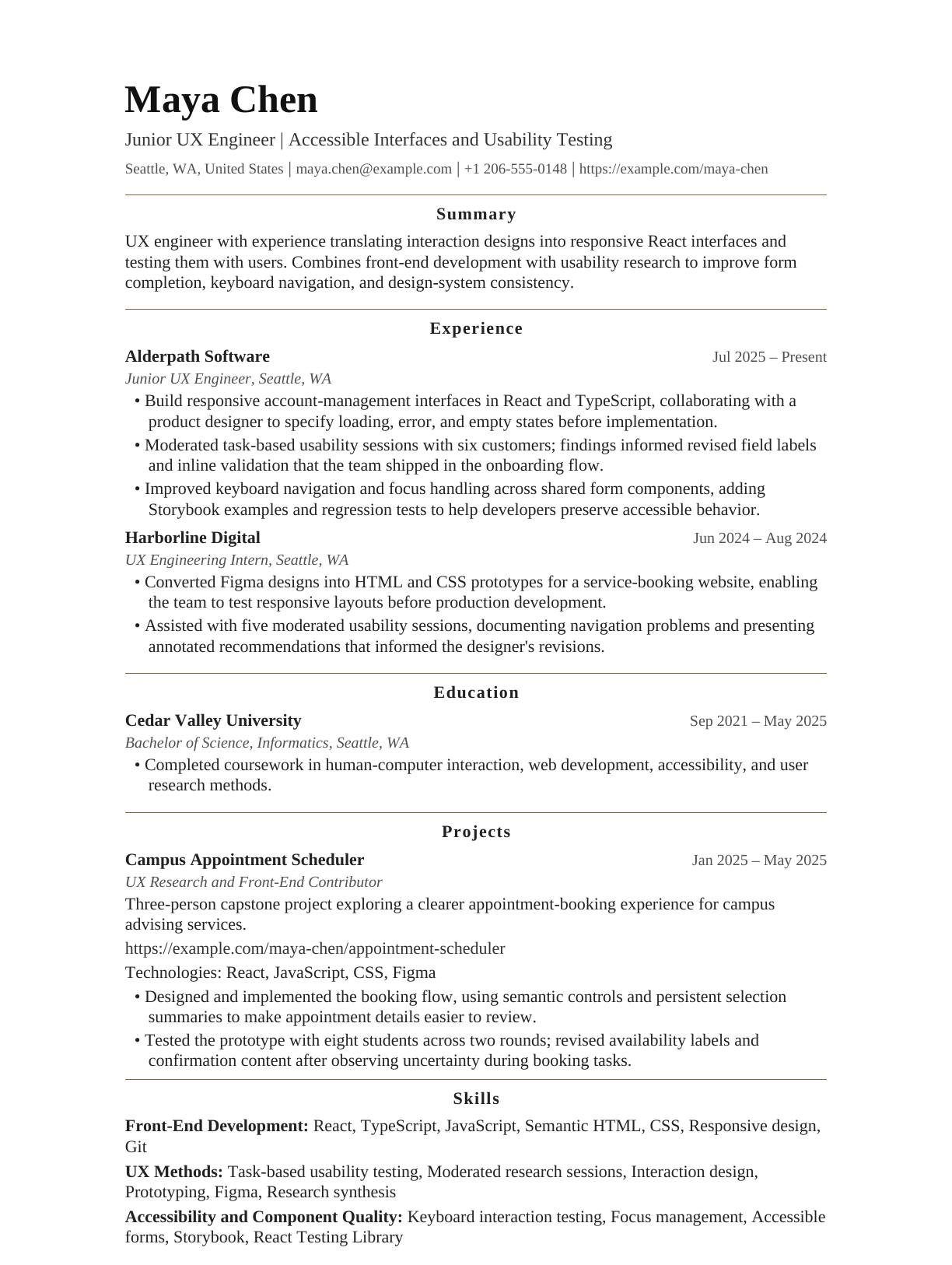 Junior UX Engineer resume example