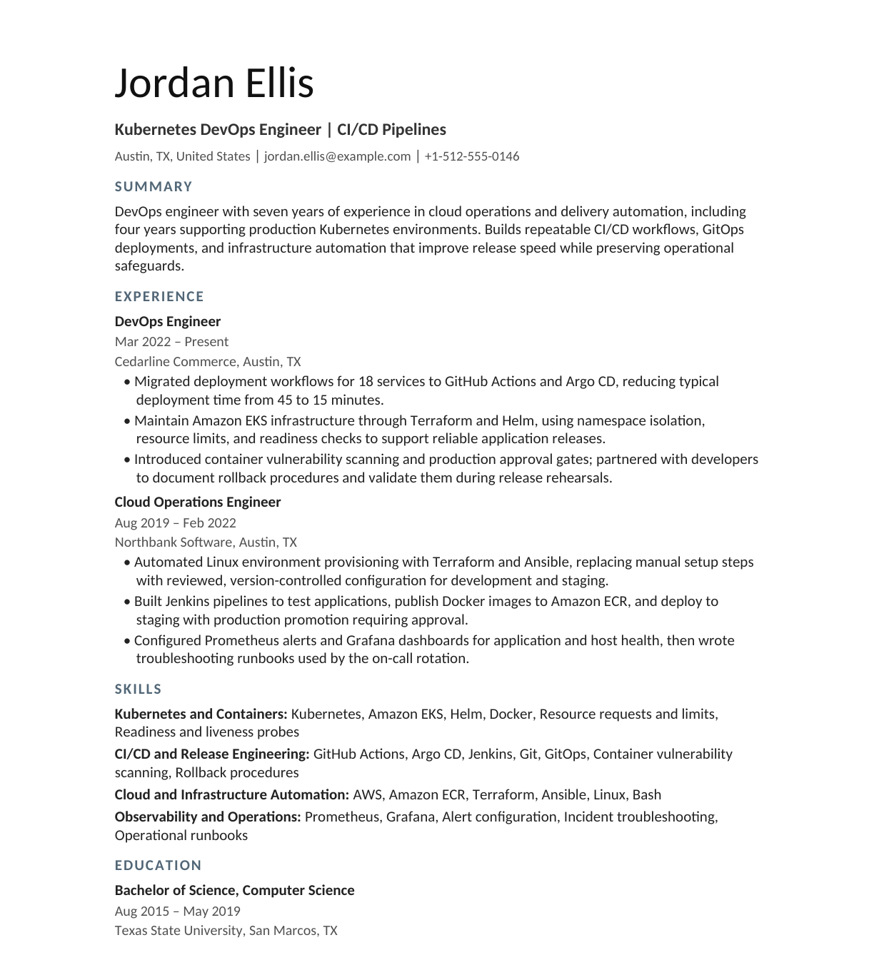 Kubernetes DevOps Engineer — CI/CD Pipelines resume example