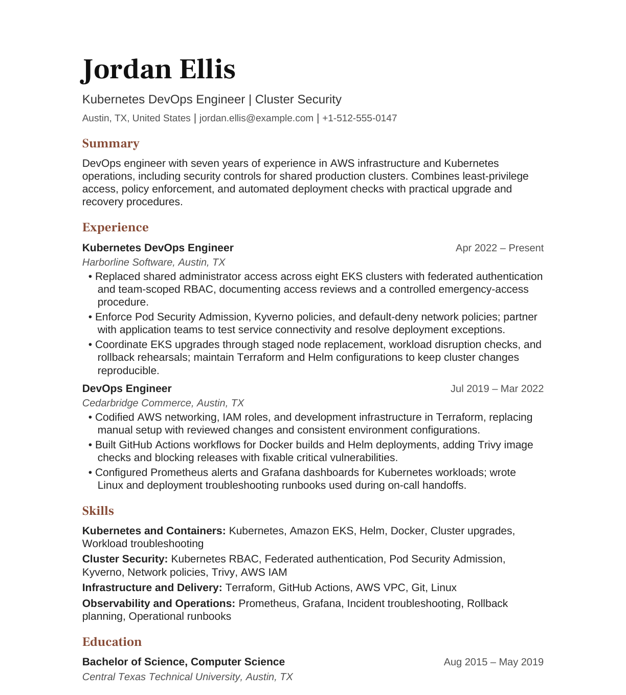 Kubernetes DevOps Engineer — Cluster Security resume example