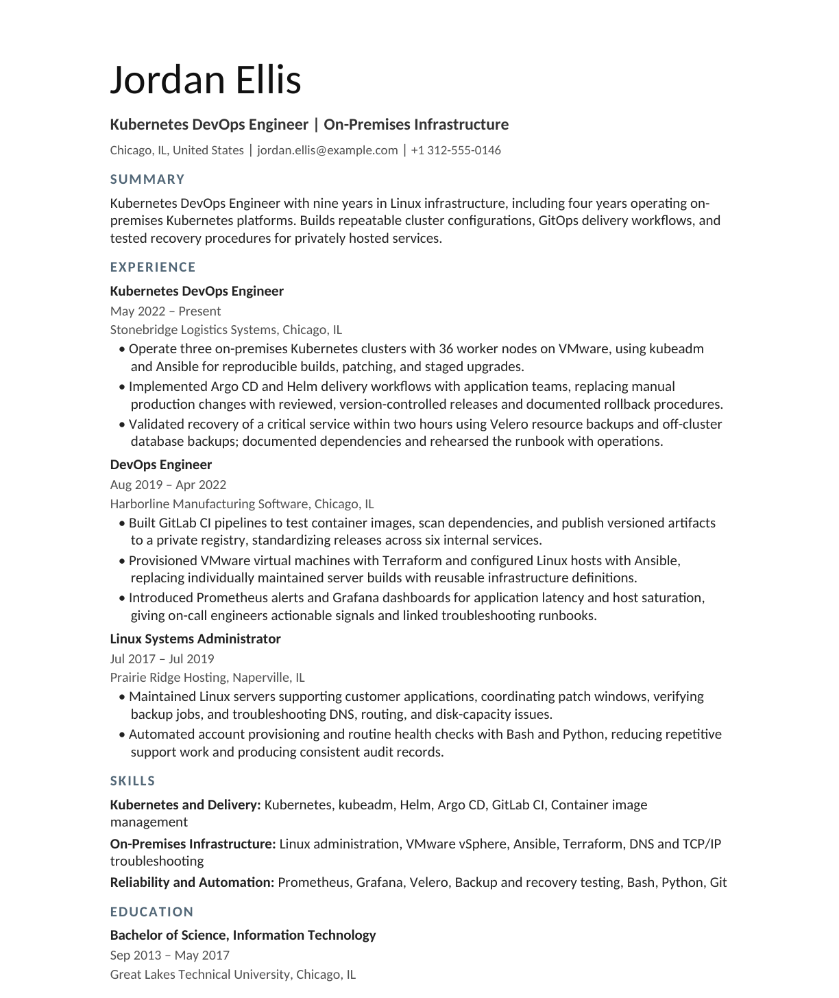 Kubernetes DevOps Engineer — On-Premises Infrastructure resume example