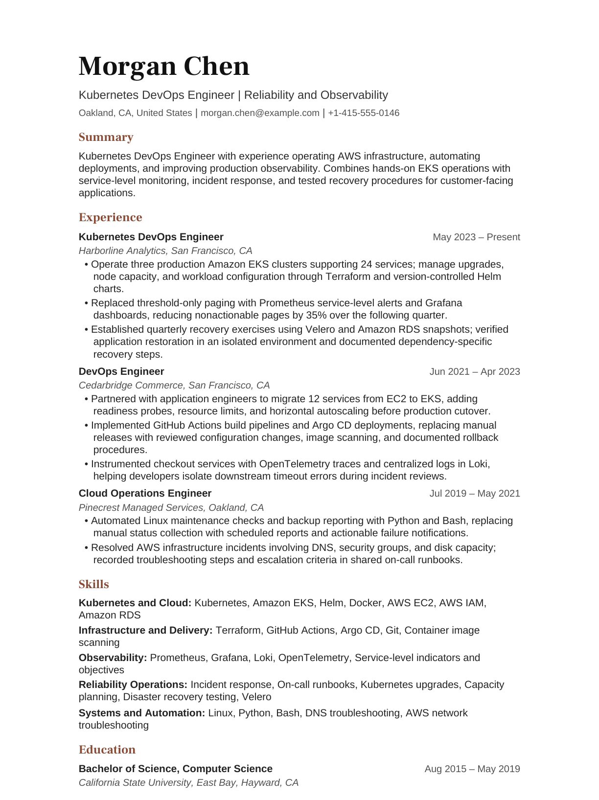 Kubernetes DevOps Engineer — Reliability and Observability resume example