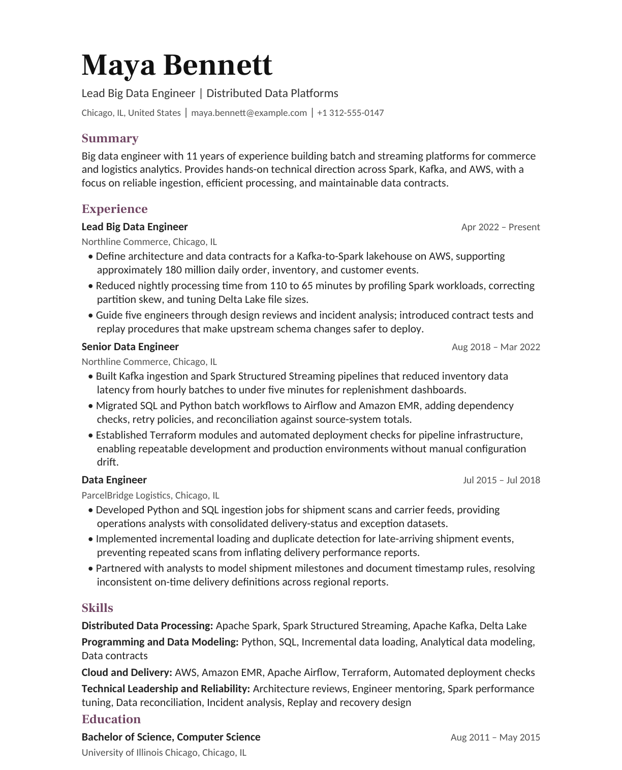 Lead Big Data Engineer resume example