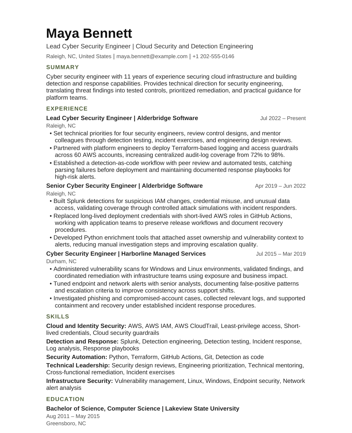 Lead Cyber Security Engineer resume example
