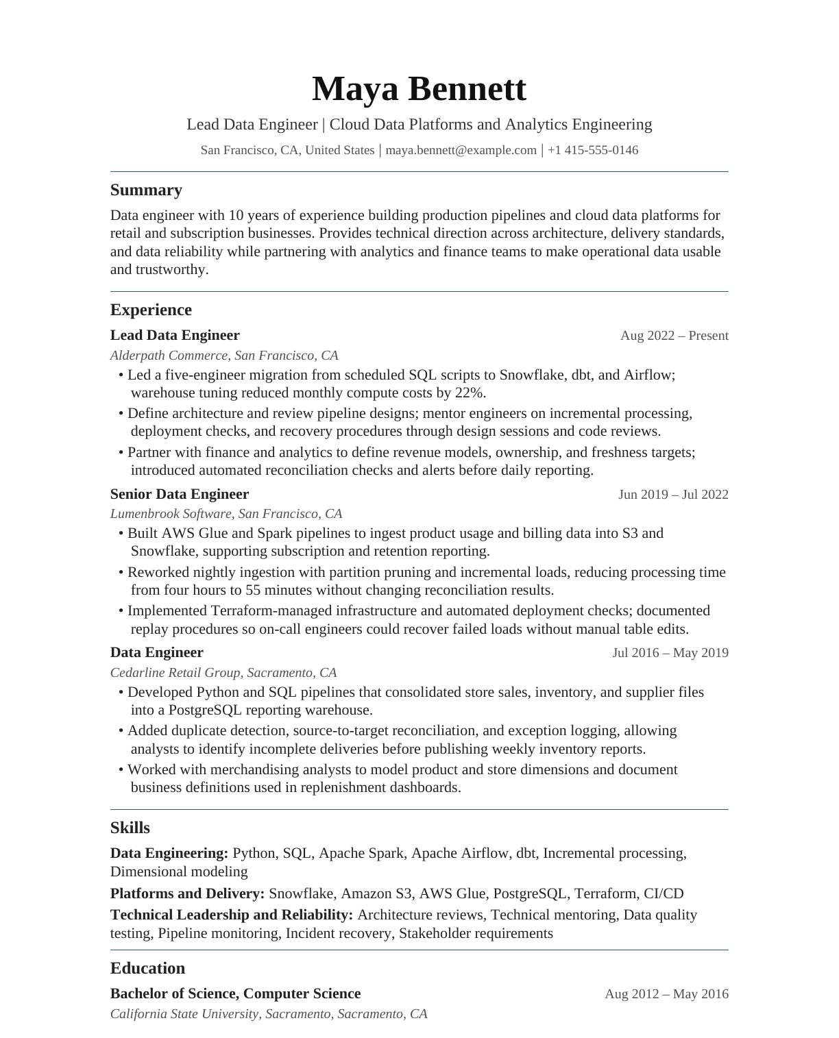Lead Data Engineer resume example