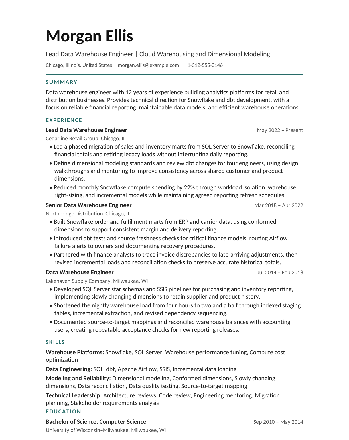 Lead Data Warehouse Engineer resume example