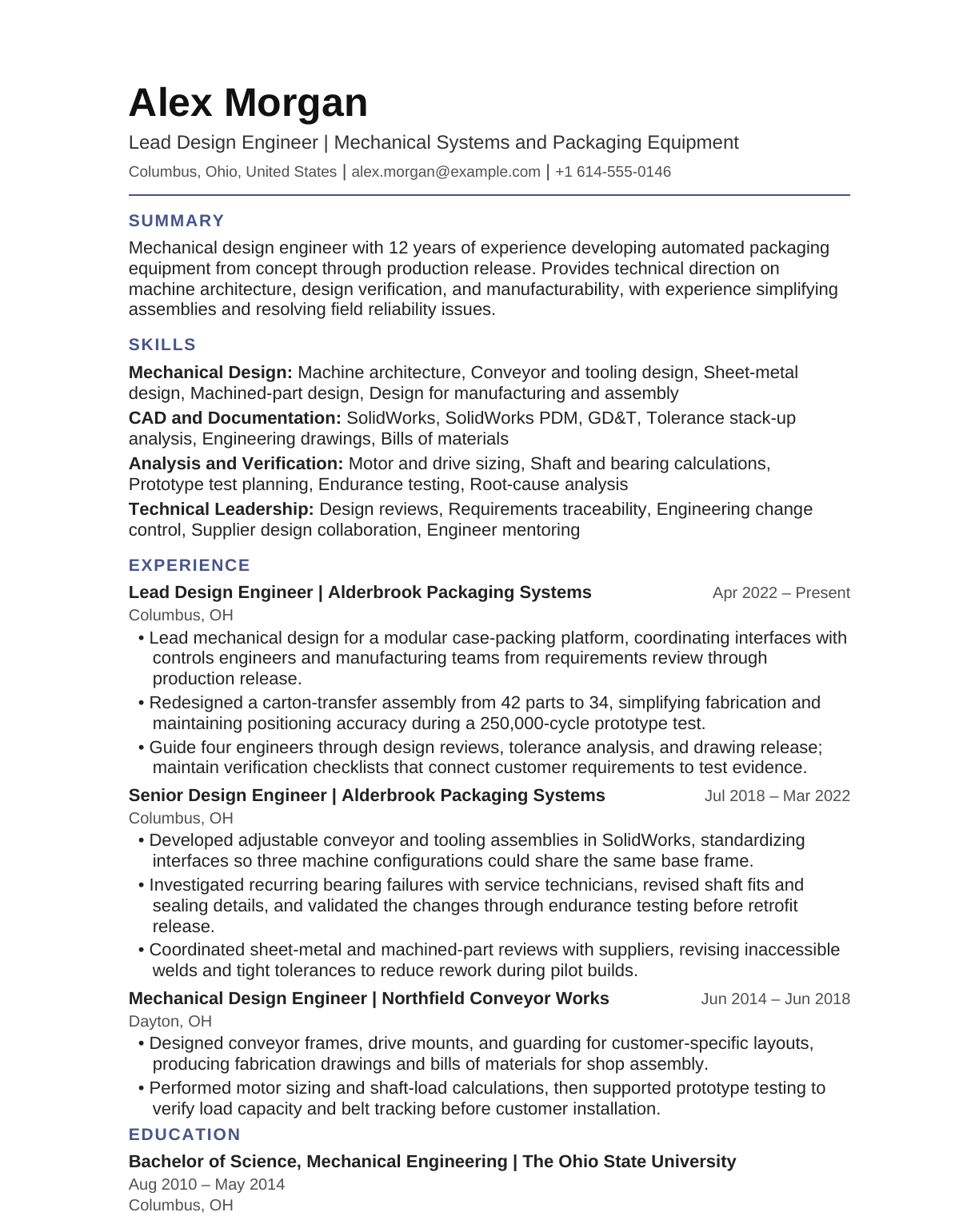 Lead Design Engineer resume example