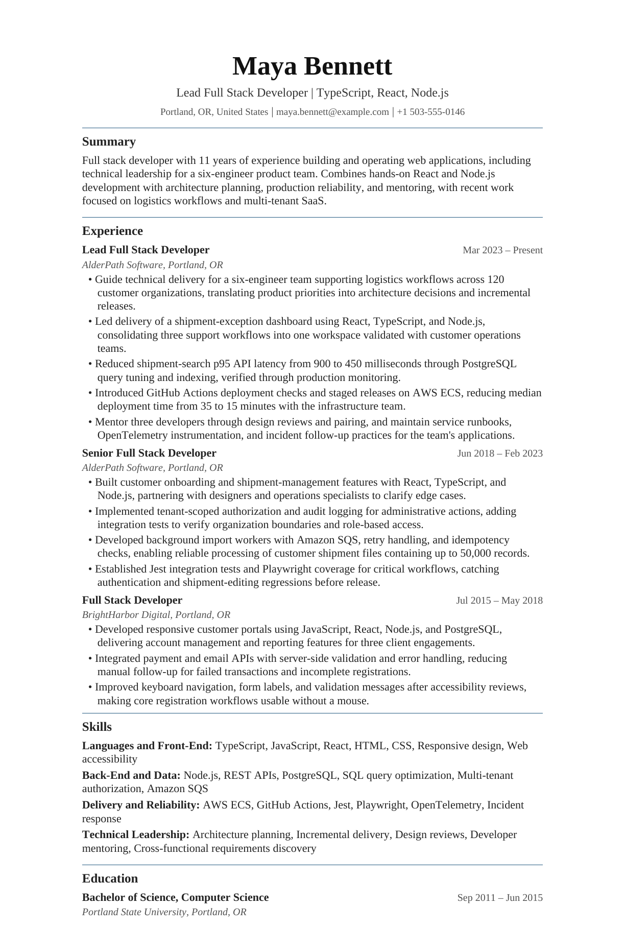 Lead Full Stack Developer resume example