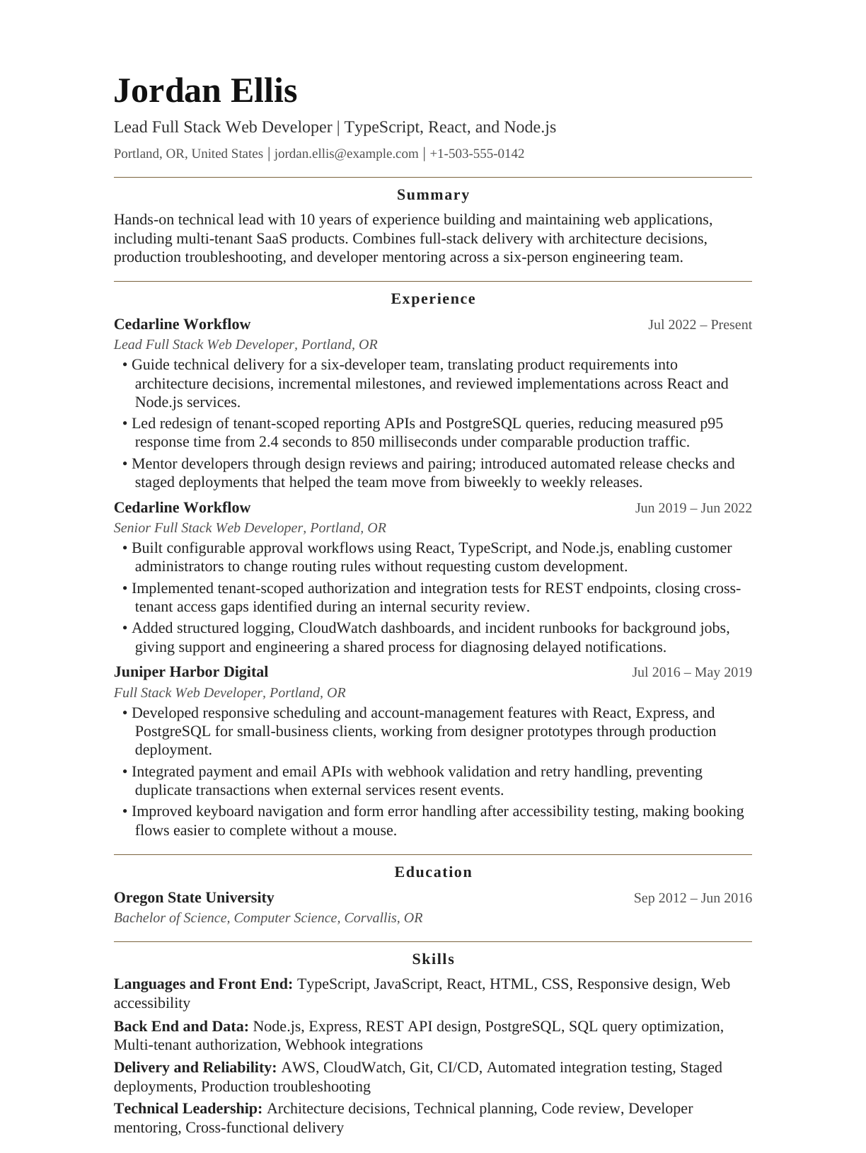 Lead Full Stack Web Developer resume example