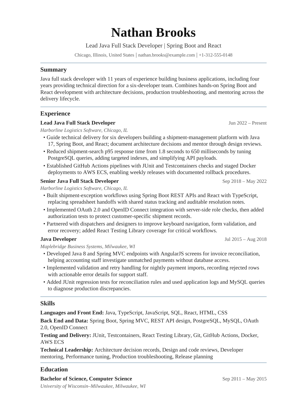Lead Java Full Stack Developer resume example