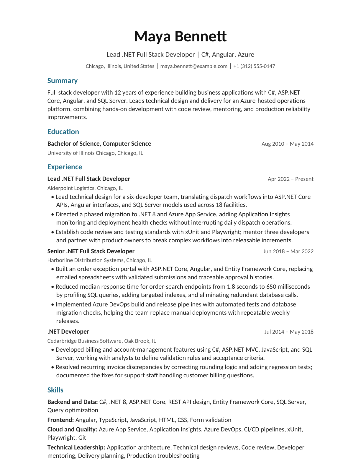 Lead .NET Full Stack Developer resume example