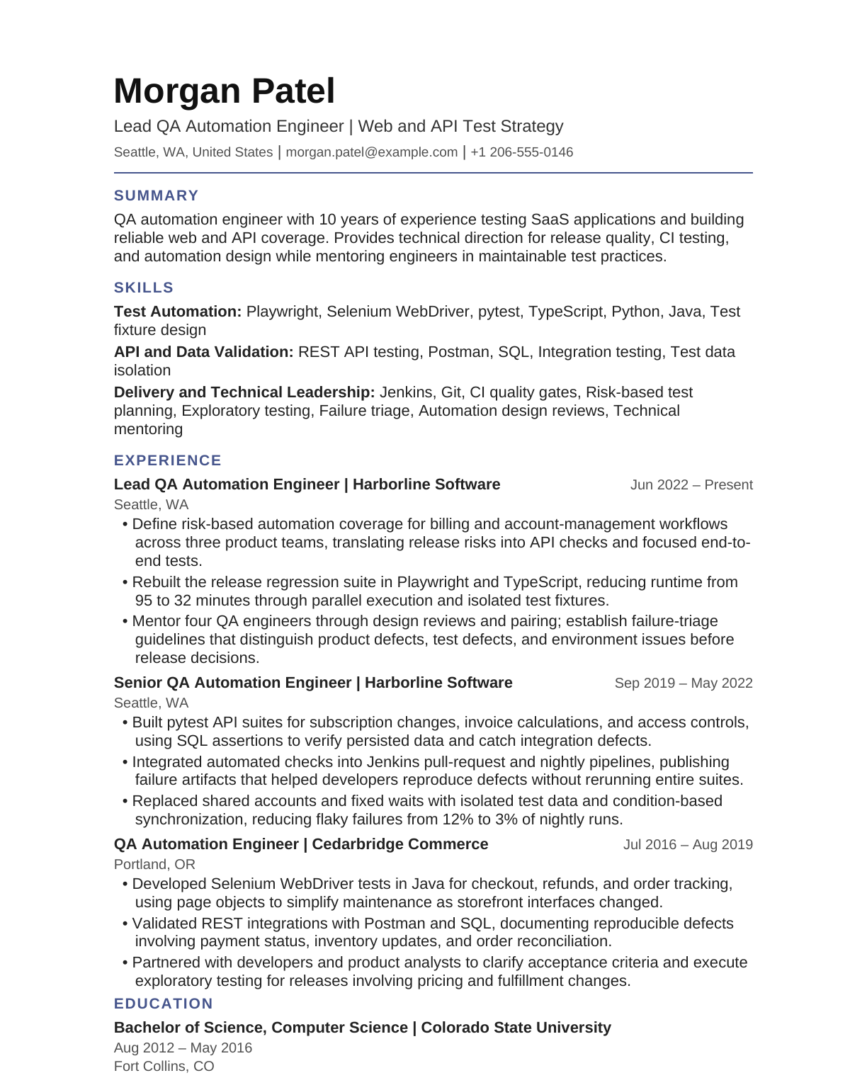 Lead QA Automation Engineer resume example