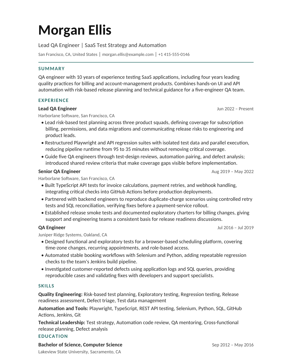 Lead QA Engineer resume example
