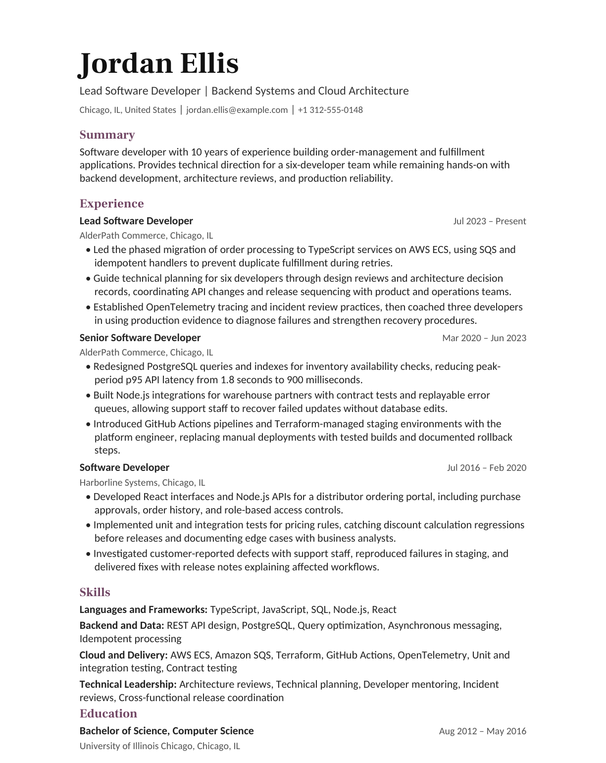 Lead Software Developer resume example