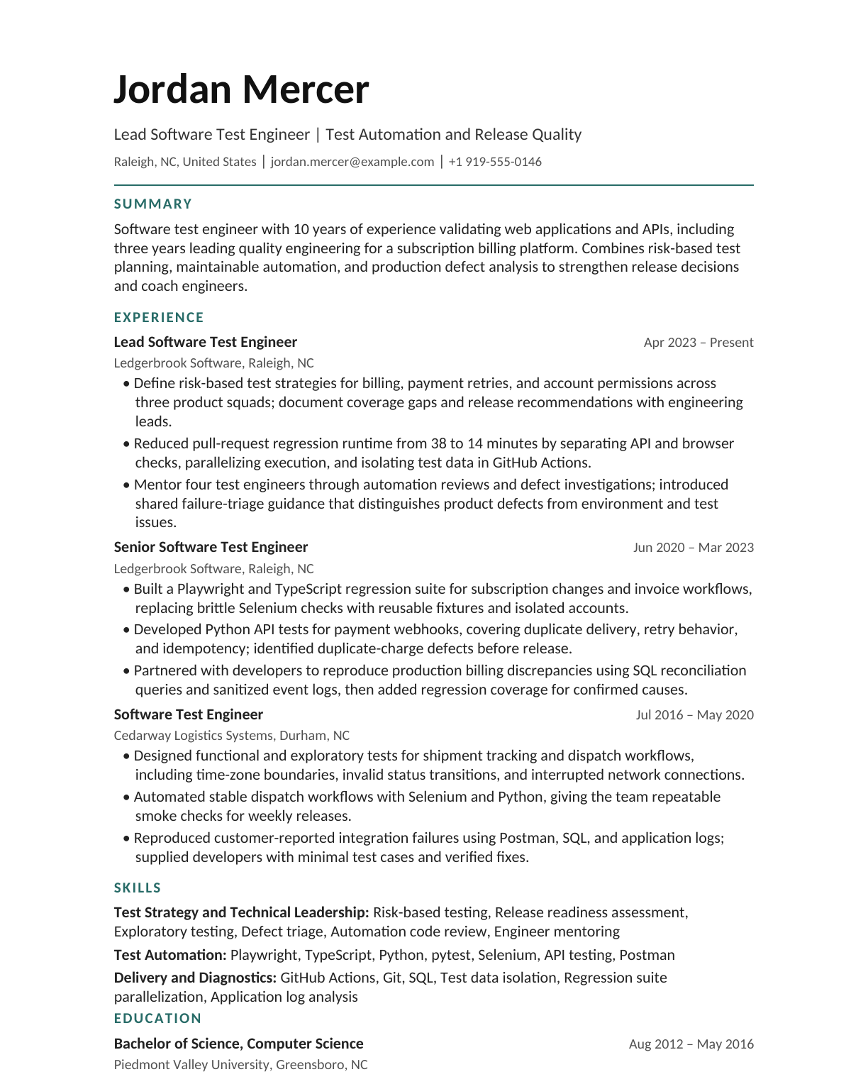 Lead Software Test Engineer resume example