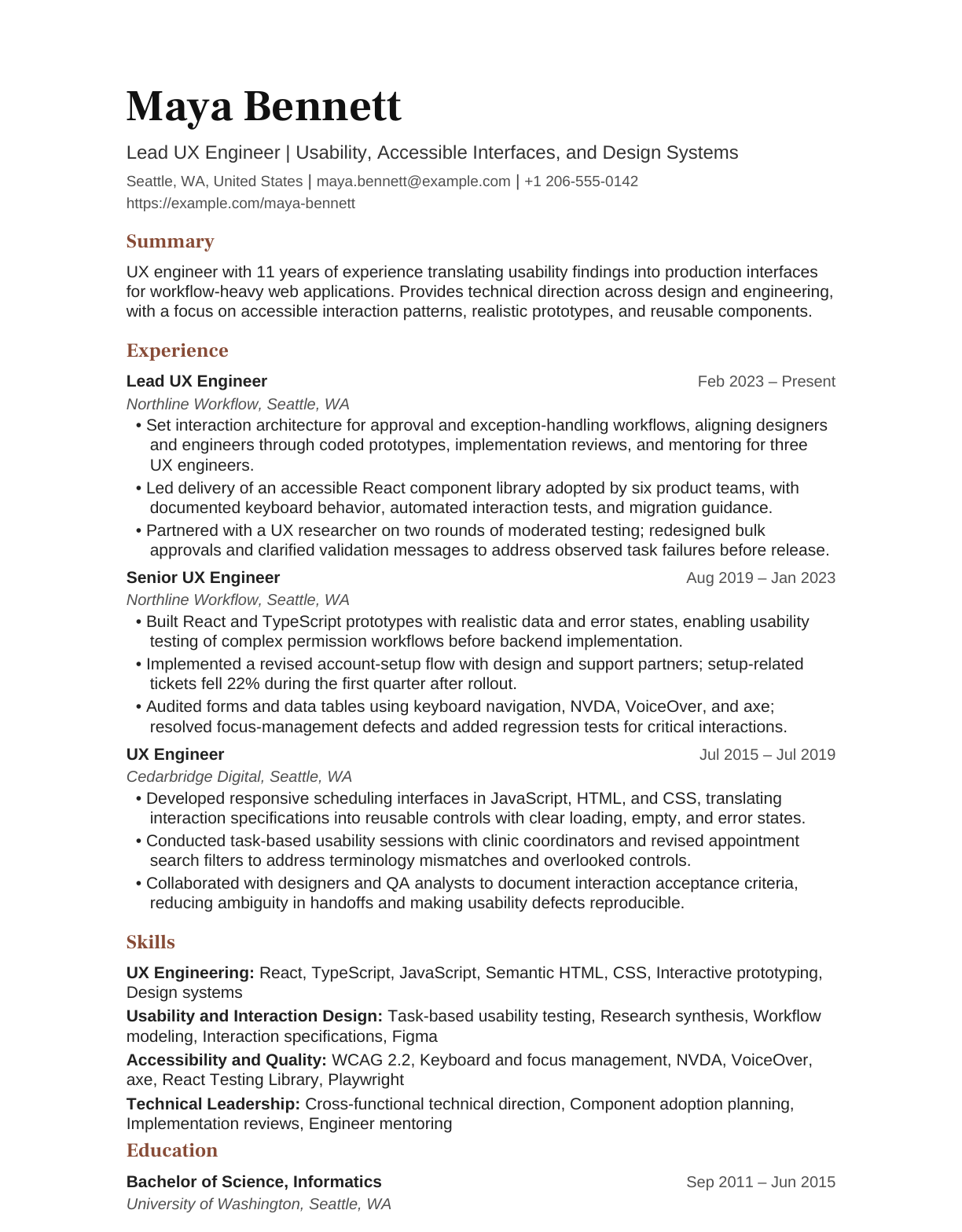 Lead UX Engineer resume example
