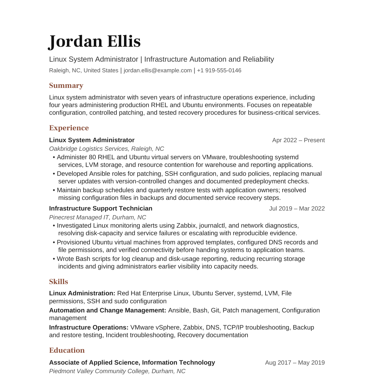 Linux System Administrator resume example