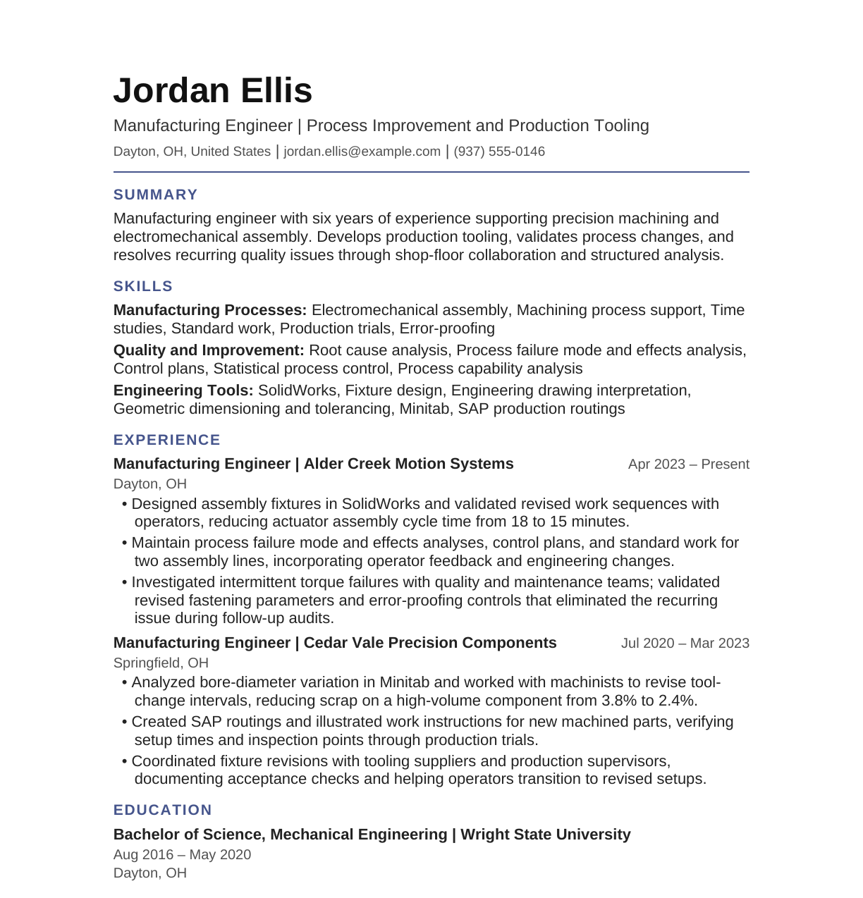 Manufacturing Engineer resume example