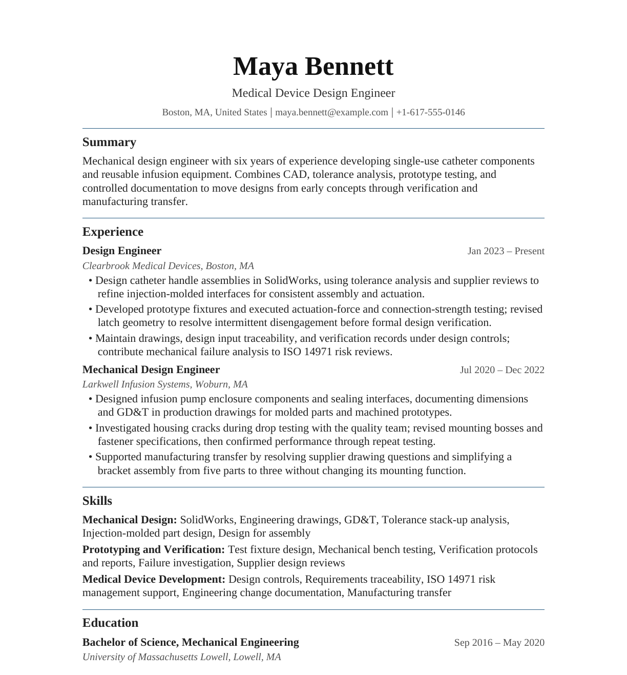 Medical Device Design Engineer resume example