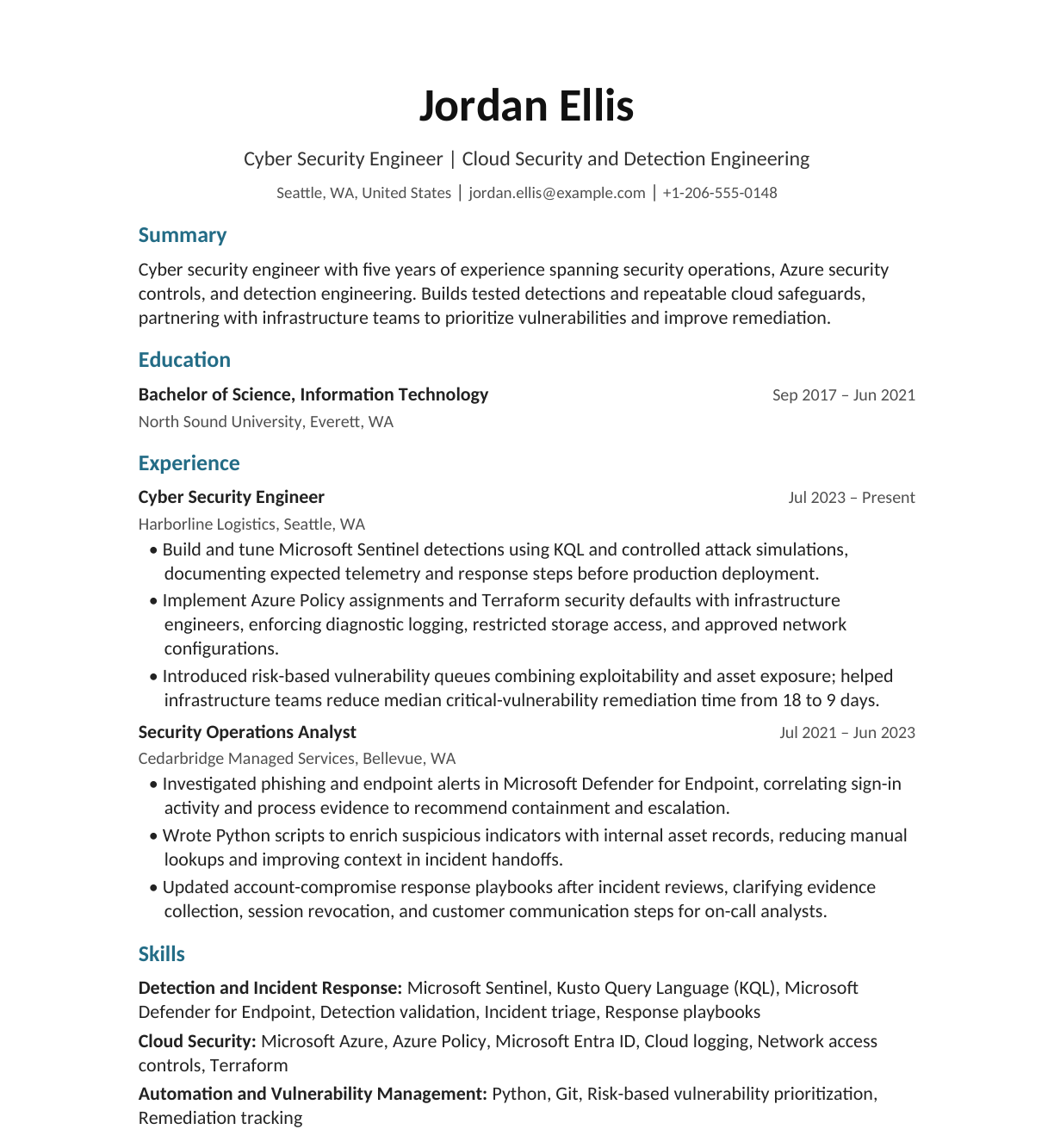Mid-Level Cyber Security Engineer resume example