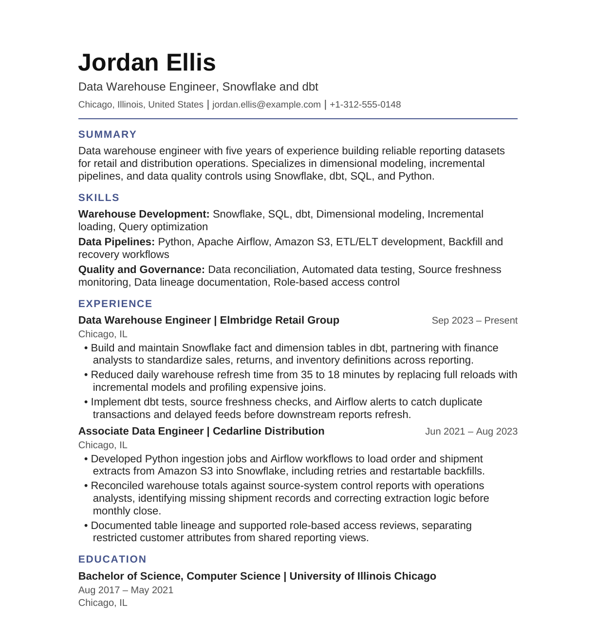 Mid-Level Data Warehouse Engineer resume example