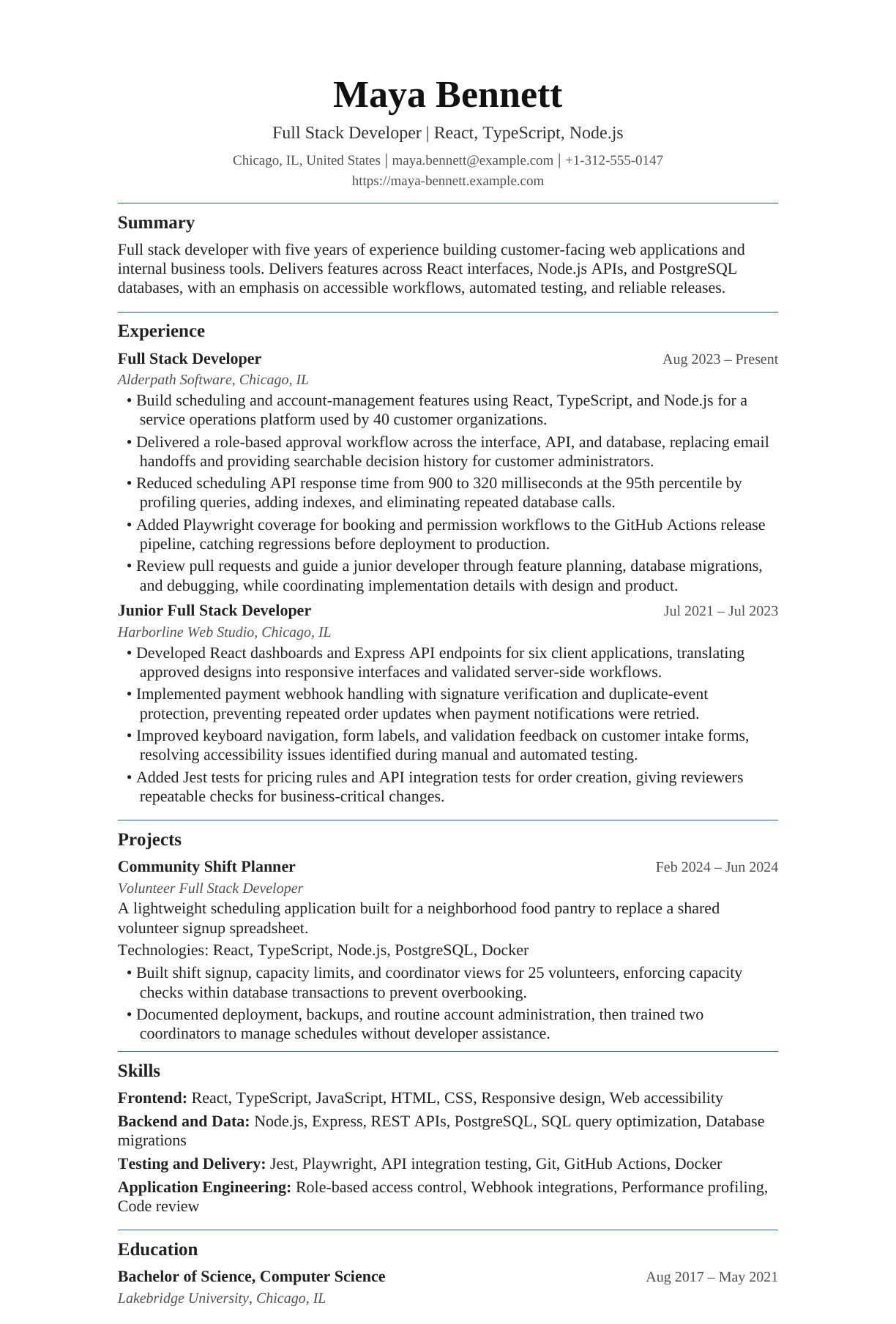 Mid-Level Full Stack Developer resume example