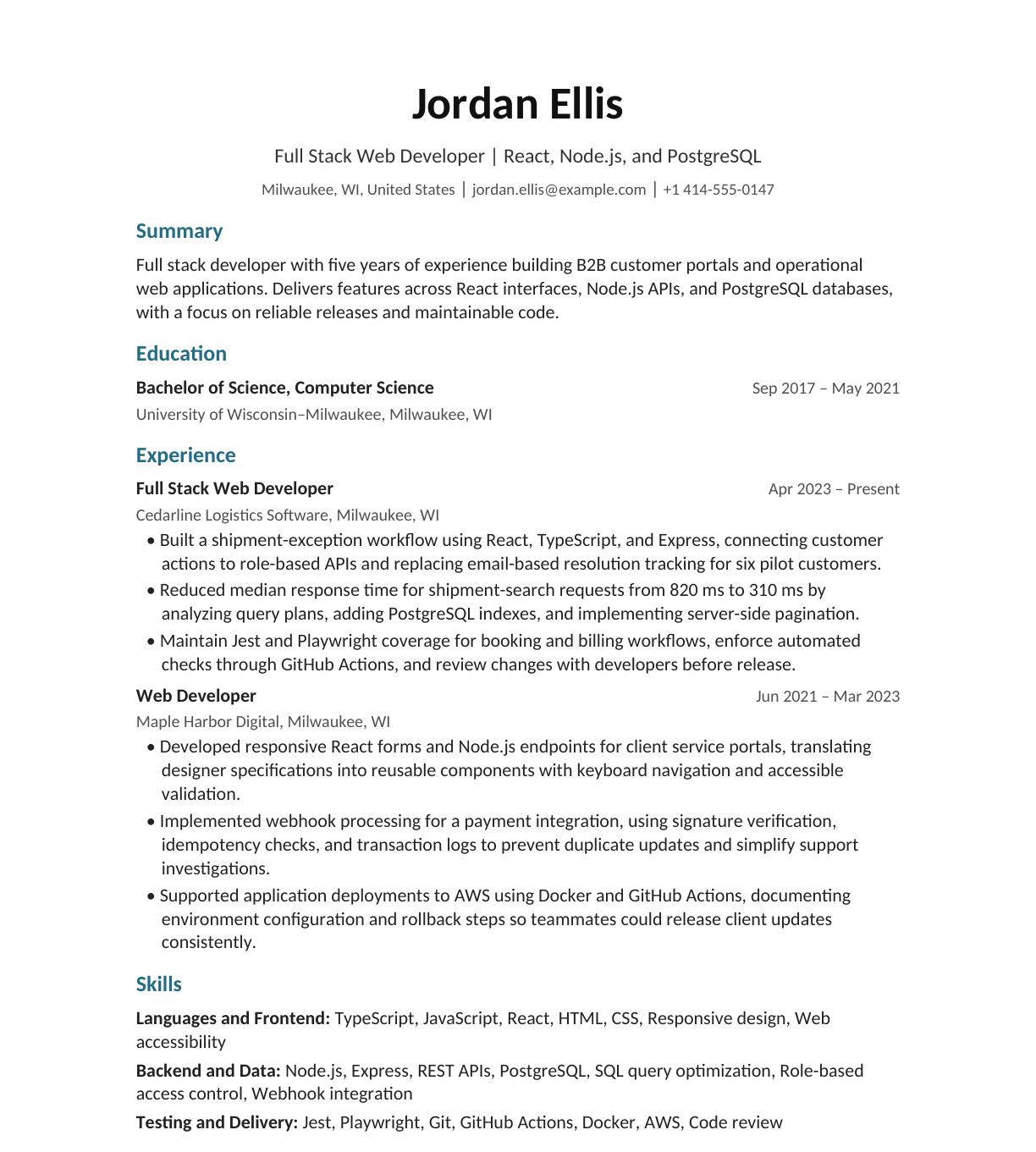Mid-Level Full Stack Web Developer resume example