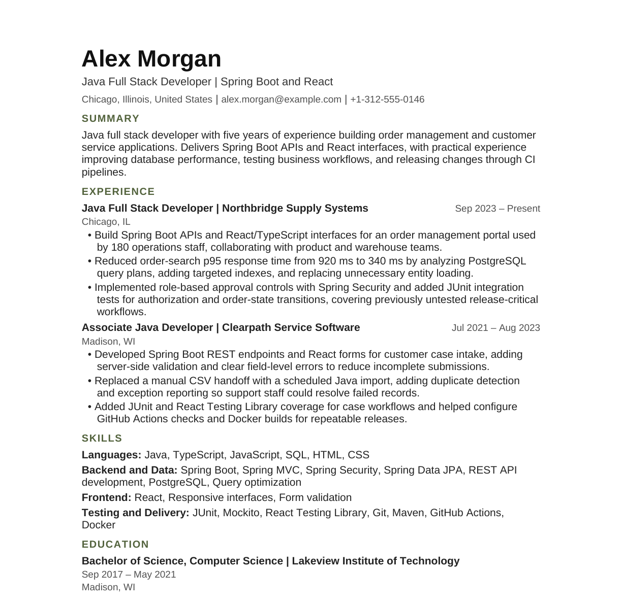 Mid-Level Java Full Stack Developer resume example