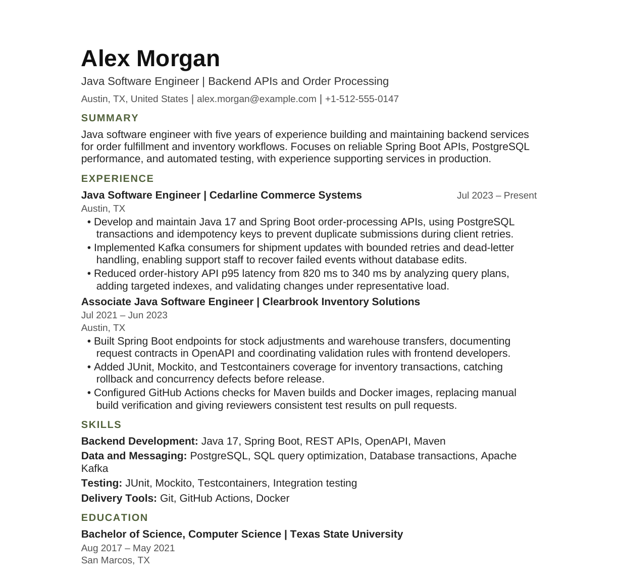 Mid-Level Java Software Engineer resume example