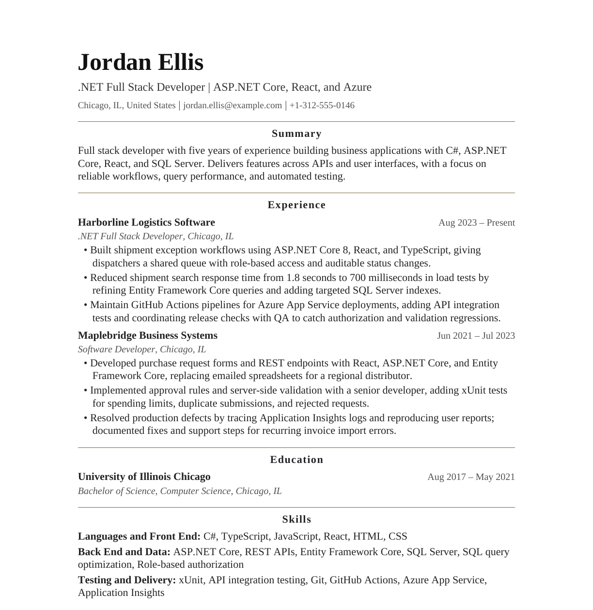 Mid-Level .NET Full Stack Developer resume example