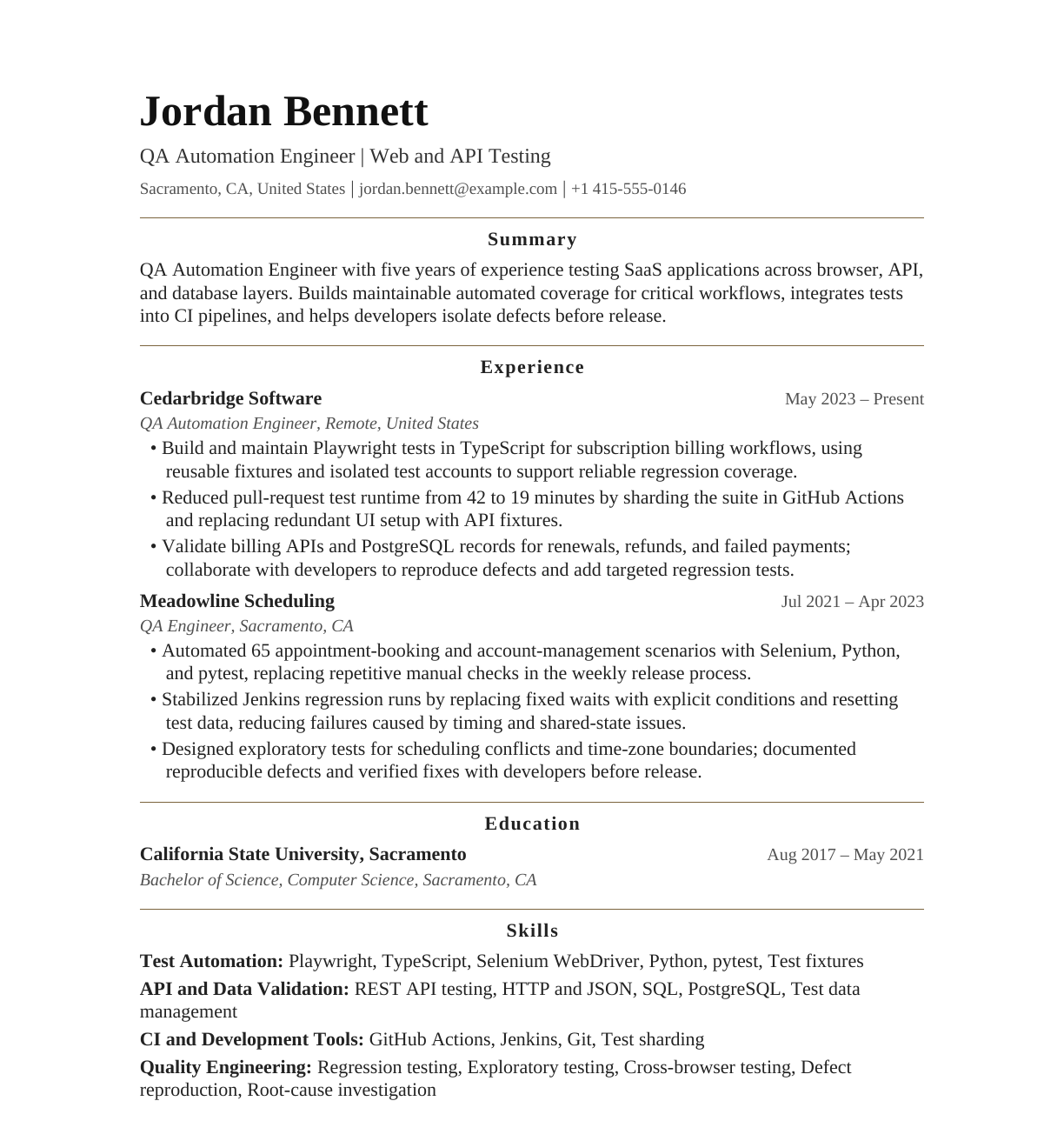 Mid-Level QA Automation Engineer resume example