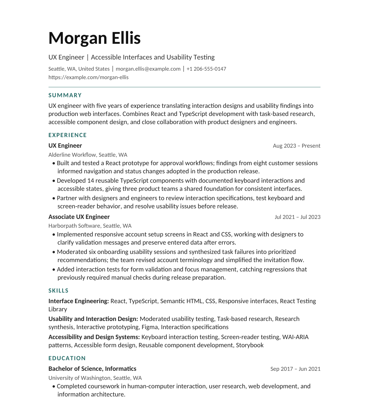 Mid-Level UX Engineer resume example