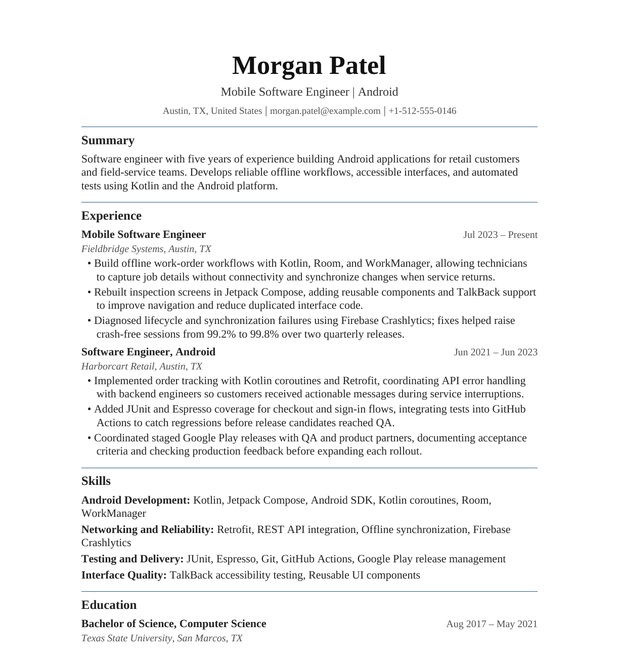 Mobile Software Engineer resume example