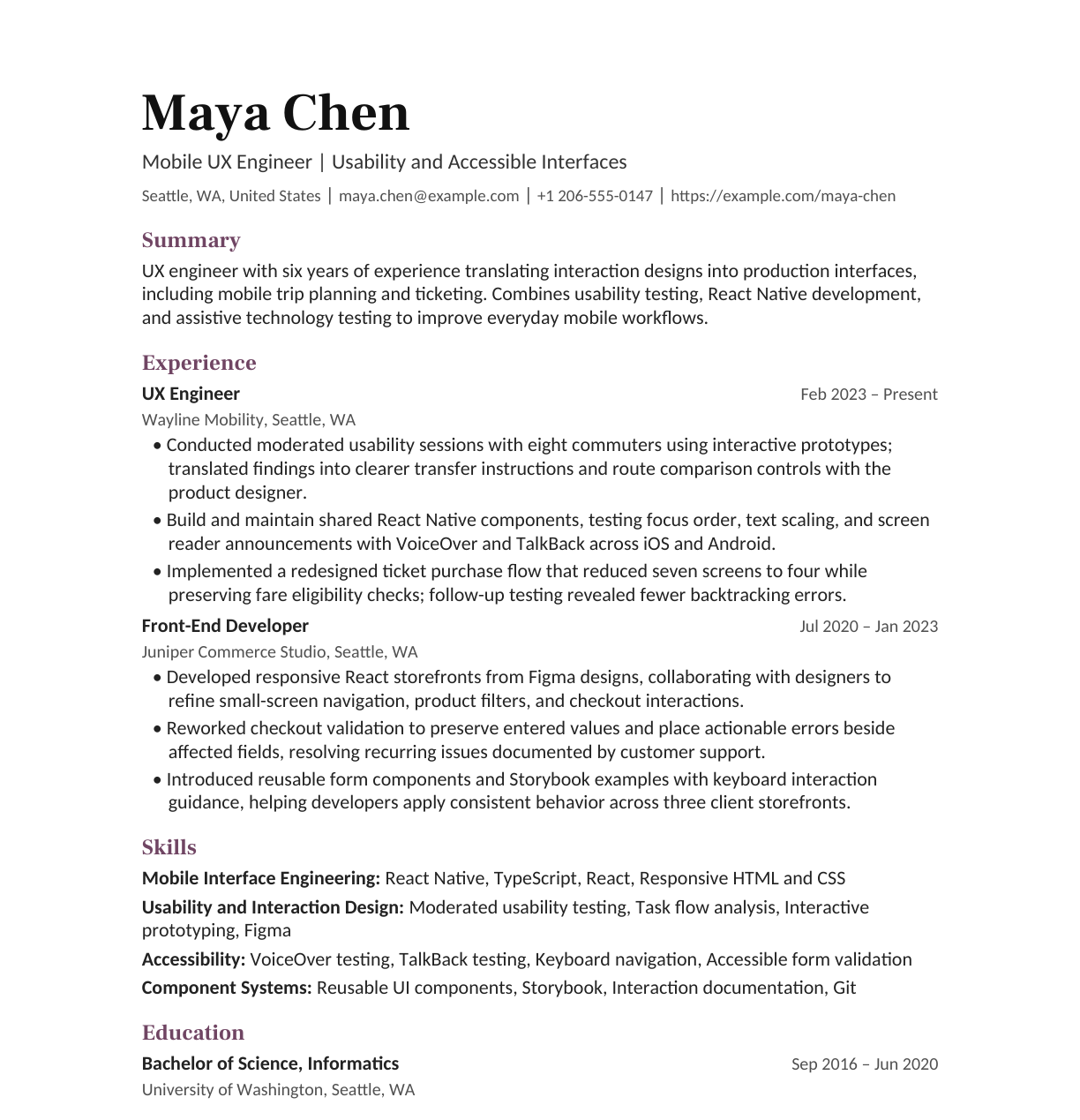 Mobile UX Engineer resume example