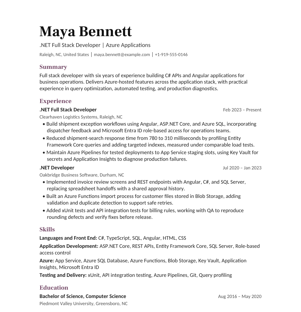 .NET Full Stack Developer for Azure Applications resume example