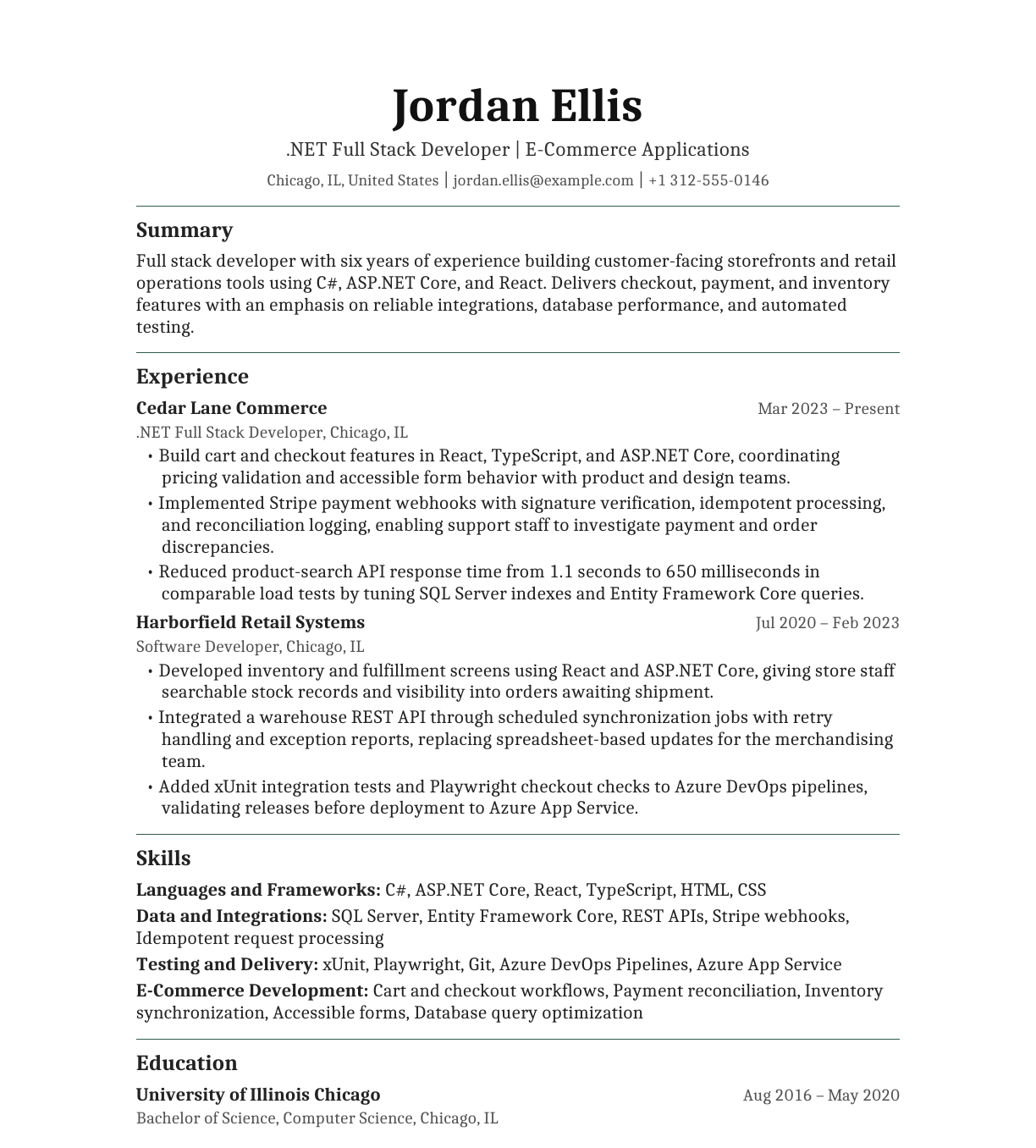 .NET Full Stack Developer for E-Commerce resume example