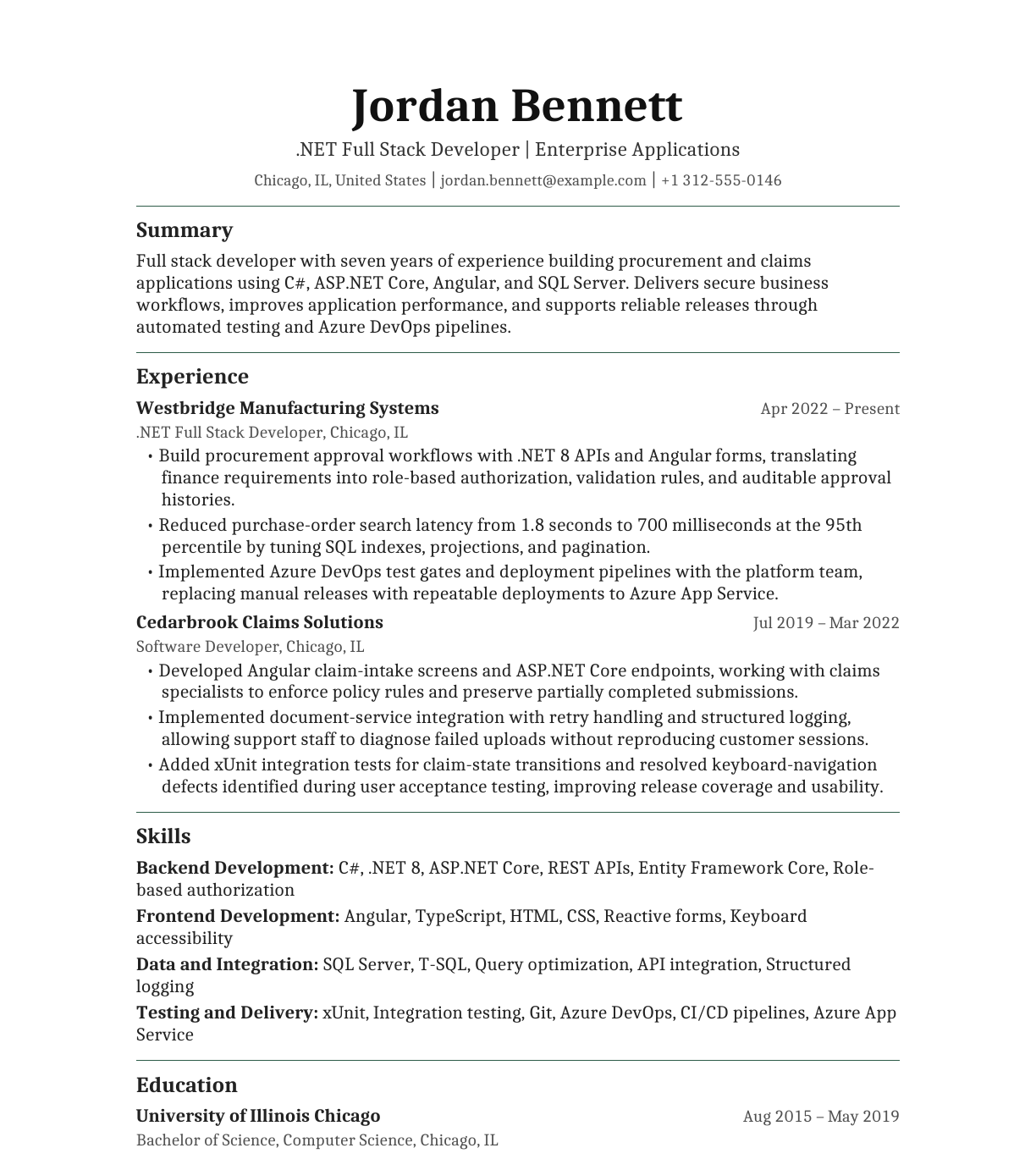 .NET Full Stack Developer for Enterprise Applications resume example