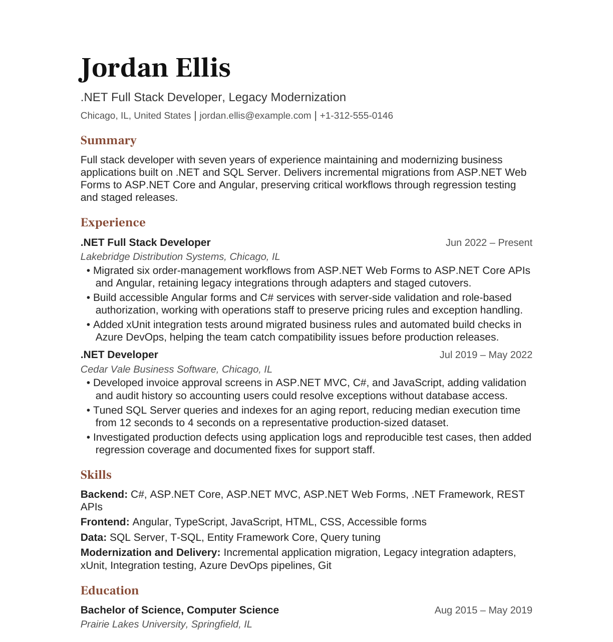 .NET Full Stack Developer for Legacy Modernization resume example